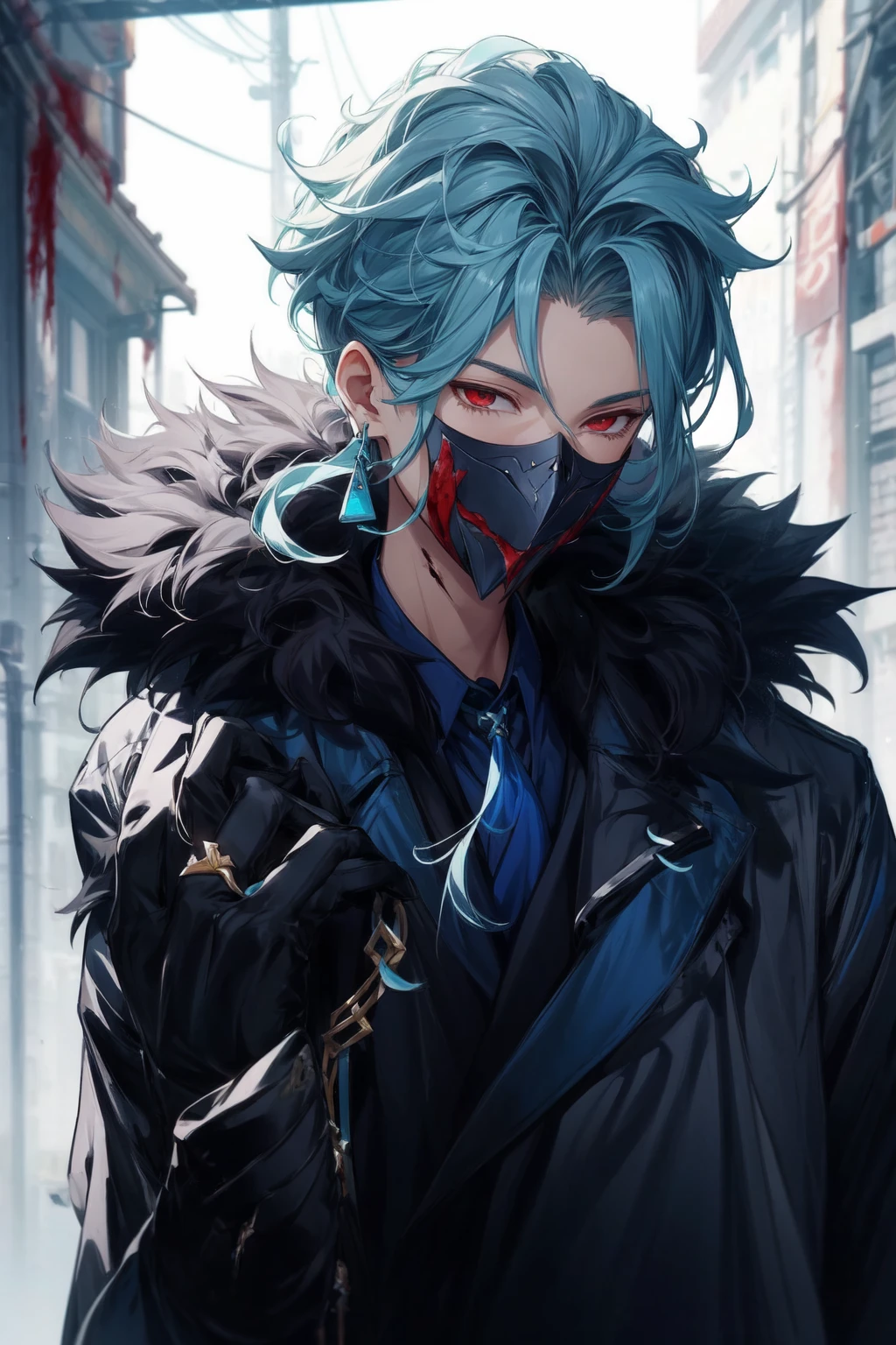 1boy, male_focus, solo, earrings, jewelry, red_eyes, gloves, blue_hair, fur_trim, ((blood)), ((mask)), open_mouth, smile, hair_between_eyes, black_gloves, coat, upper_body, teeth, holding, bangs, fur-trimmed_coat, blue_shirt, short_hair, sidelocks, shirt, artist_name, single_earring, mask_removed