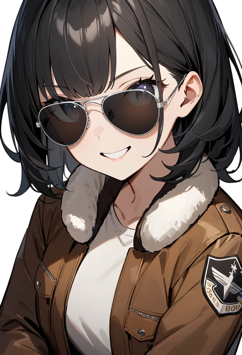 masterpiece, best quality, very aesthetic, absurdres, 
1girl, solo, black hair, medium hair, smile, upper body, bomber jacket, 
sg-AVIATOR, sunglasses, grey-framed eyewear,  darkgrey-tinted eyewear
, white background, simple background,
 <lora:sunglasses_aviator_SDXL_V1:1>