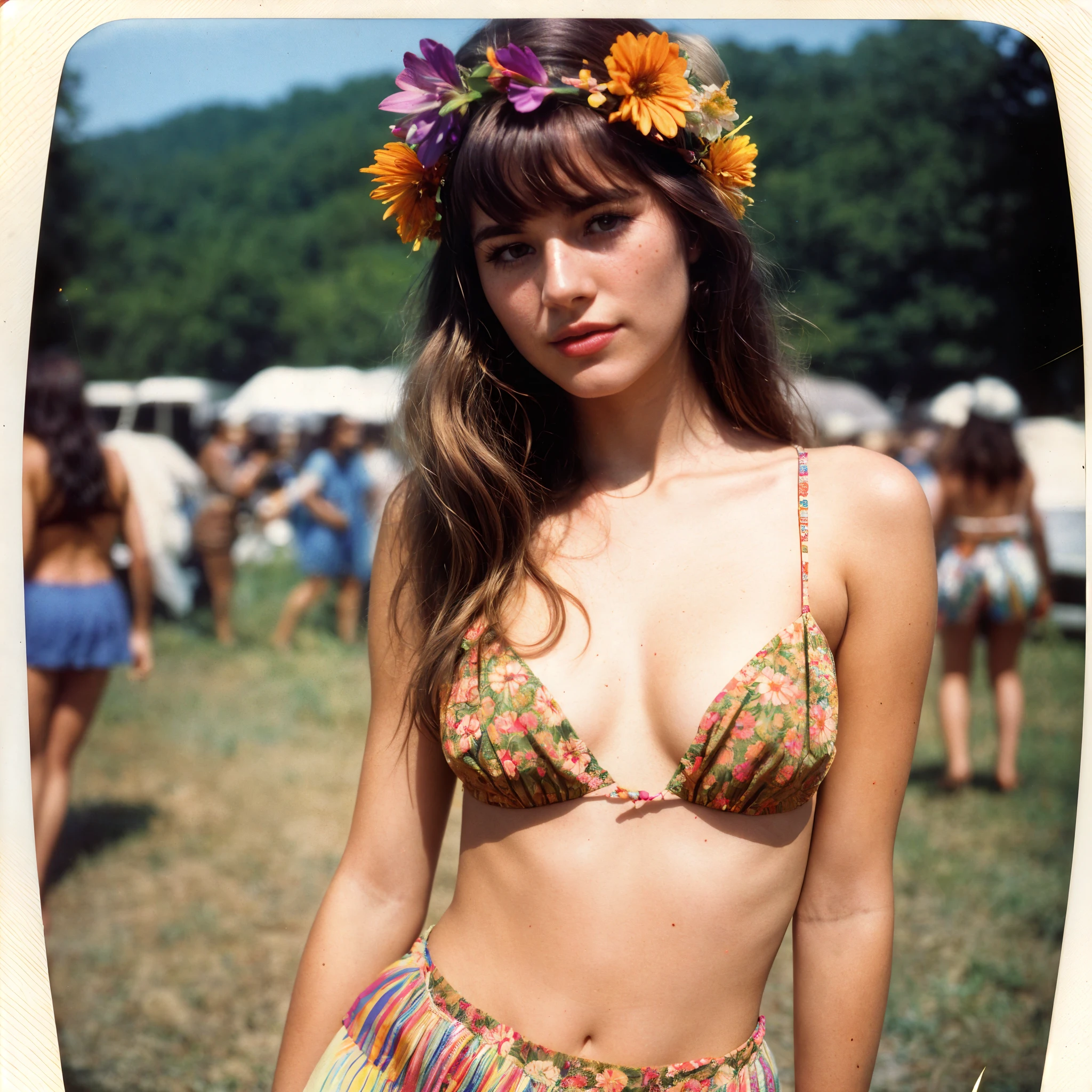 analog style, (polaroid photo), of enticing 1960s 35 year old hippie woman with messy hair, (wearing vintage psychedelic micro mini skirt, barefoot with ankle bracelets, flower headwear), (at Woodstock 1969:1.1), slim body, petite breasts, perfect face, alluring eyes, detailed skin, [[[imperfect skin]]], (beauty marks:0.3), [[[freckles]]], slightly parted lips, carefree attitude, natural lighting, film-like, photographed on a polaroid Instamatic 100, 60mm f/11 lens, color P7 type 100 film, film grain, [[closeup]]analog style, (polaroid photo), of enticing 1960s 35 year old hippie woman with messy hair, (wearing vintage psychedelic micro mini skirt, barefoot with ankle bracelets, flower headwear), (at Woodstock 1969:1.1), slim body, petite breasts, perfect face, alluring eyes, detailed skin, [[[imperfect skin]]], (beauty marks:0.3), [[[freckles]]], slightly parted lips, carefree attitude, natural lighting, film-like, photographed on a polaroid Instamatic 100, 60mm f/11 lens, color P7 type 100 film, film grain, [[closeup]]