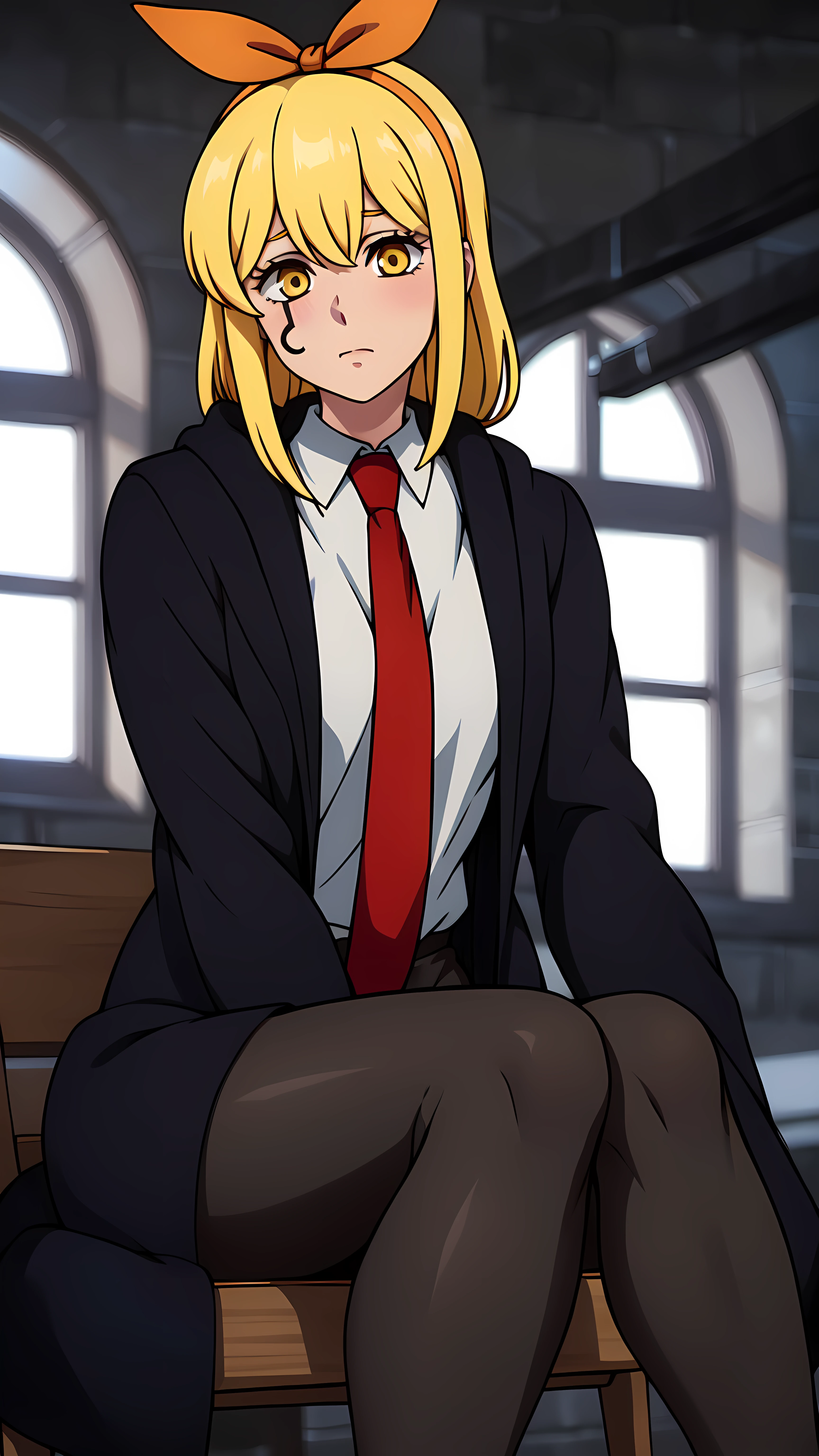 masterpiece, best quality, high resolution, highly detailed, HDR, intricate detail, ultra detailed,
BREAK
<lora:Lemon Irvine_moewaifu974:0.8>_yellow eyes_yellow hair_ sidelocks_hair ribbon_mark face
BREAK
(shirt, black long coat, red tie,black very long, knee-length dress,highthighs ,pantyhose opaque:1.3)
BREAK
(from_below:1.3)_ (cowboy_shot:1.4)( Sitting with one arm on your lap:1.5)_ looking_at_viewer
BREAK
kkw-m-bb
BREAK
full blush