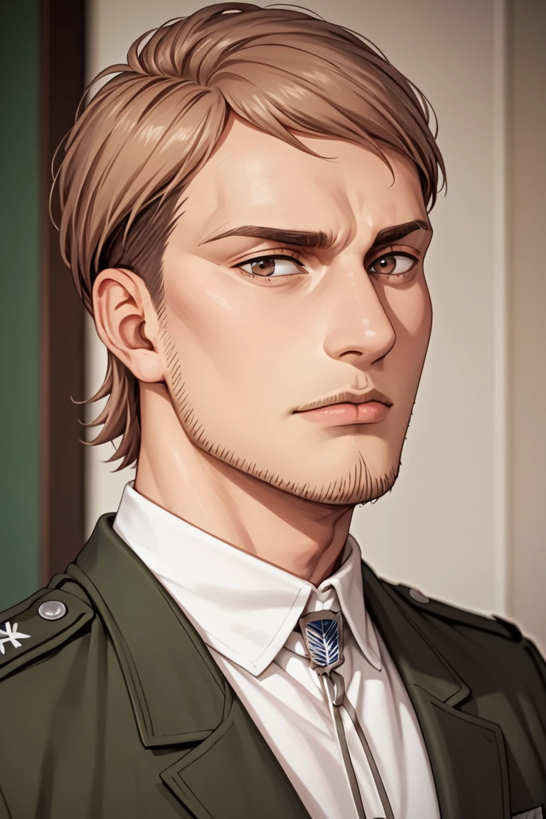 score_9, score_8_up, score_7_up, solo male, , Jean Kirstein, brown hair, light-brown eyes, thin eyebrows, facial hair, stubble, paradis military uniform, white collared shirt, bolo tie, green army overcoat, white pants, black combat boots, handsome, charming, alluring, upper body, perfect anatomy, perfect proportions, best quality, masterpiece, high_resolution, cowboy shot, photo background, (perfect face, perfect eyes:1.3)<lora:EMS-342674-EMS:0.800000>