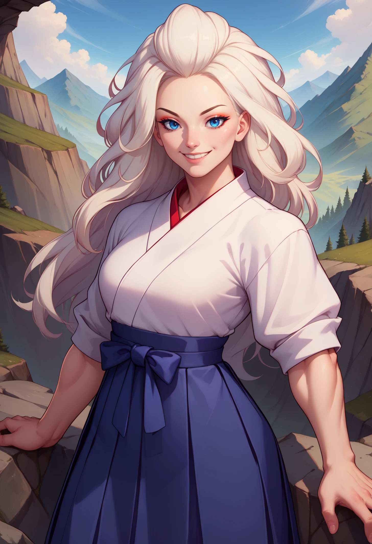 score_9, score_8_up, score_7_up, detailed, shaded, soft shading, BREAK 1girl, solo, MarianKelly, blue eyes, eyeliner, white hair, long hair, <lora:MarianKellyPDXL_V1-Manityro-CAME:1.0>, outdoors, mountain, cliffside,  
looking at viewer, smile, muscular, 
bodysuit under clothing, hakama, hakama skirt