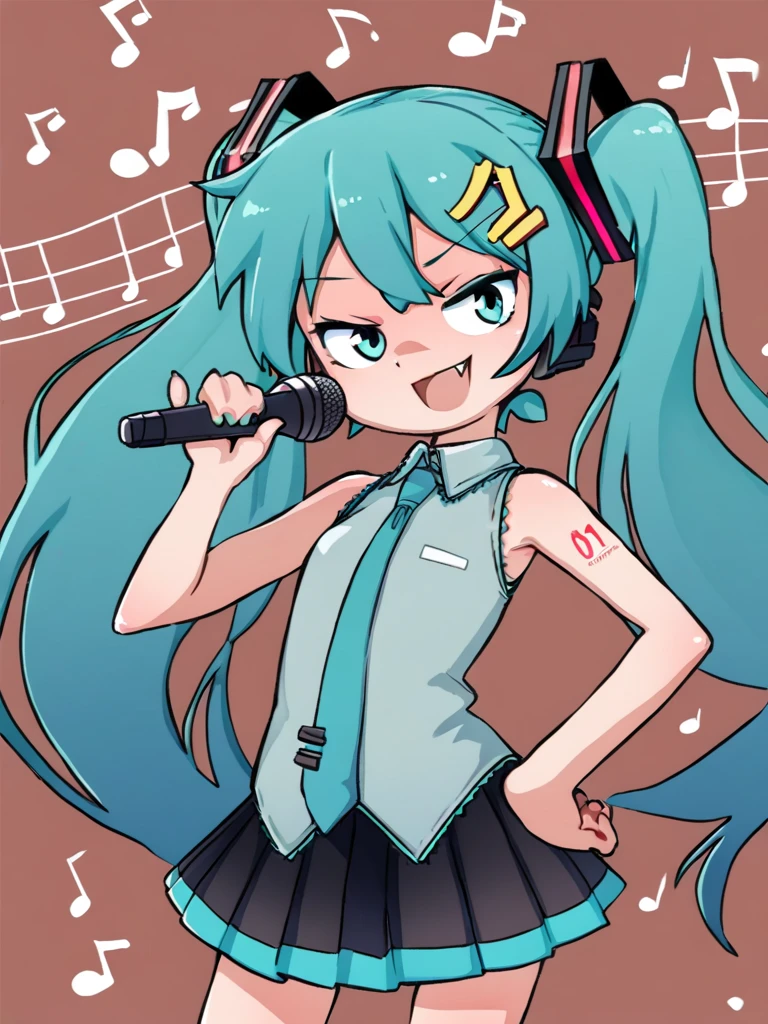 <lora:Orenji-PonyXL-1024px:1>
score_5, score_6_up, 
1girl, solo, smug, fang, standing, hand on hip, holding microphone, wearing (sleeveless, short tie, pleated skirt), aqua hair, aqua eyes, twintails, hair ornament, hatsune_miku, singing, idol, musical note