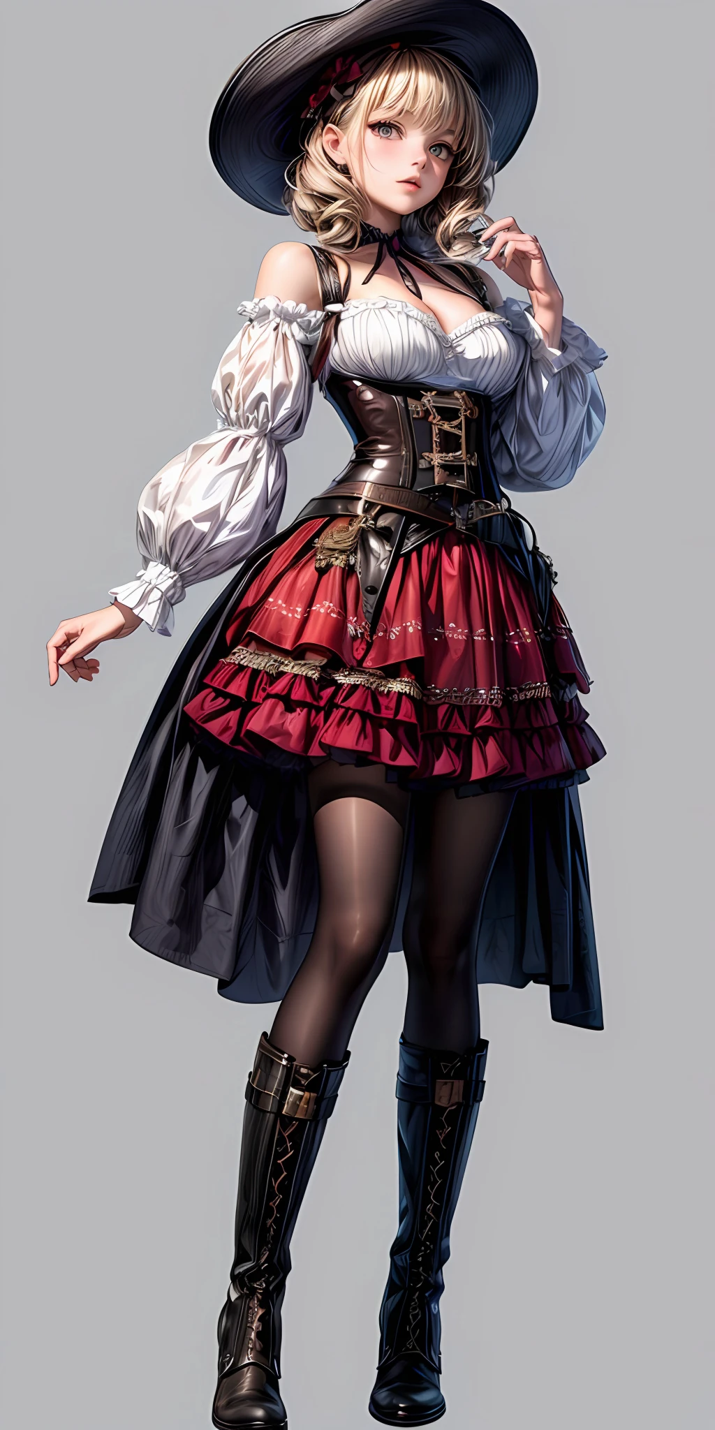 (masterpiece,ultra-detailed,best quality,8K,CG,illustration,shaved:1.0),(girl:1) <lora:more_details:1>,simple background,cowboy shot
<lora:dress corset v1.0:0.5> jyojifuku, hat, boots, corset, belt