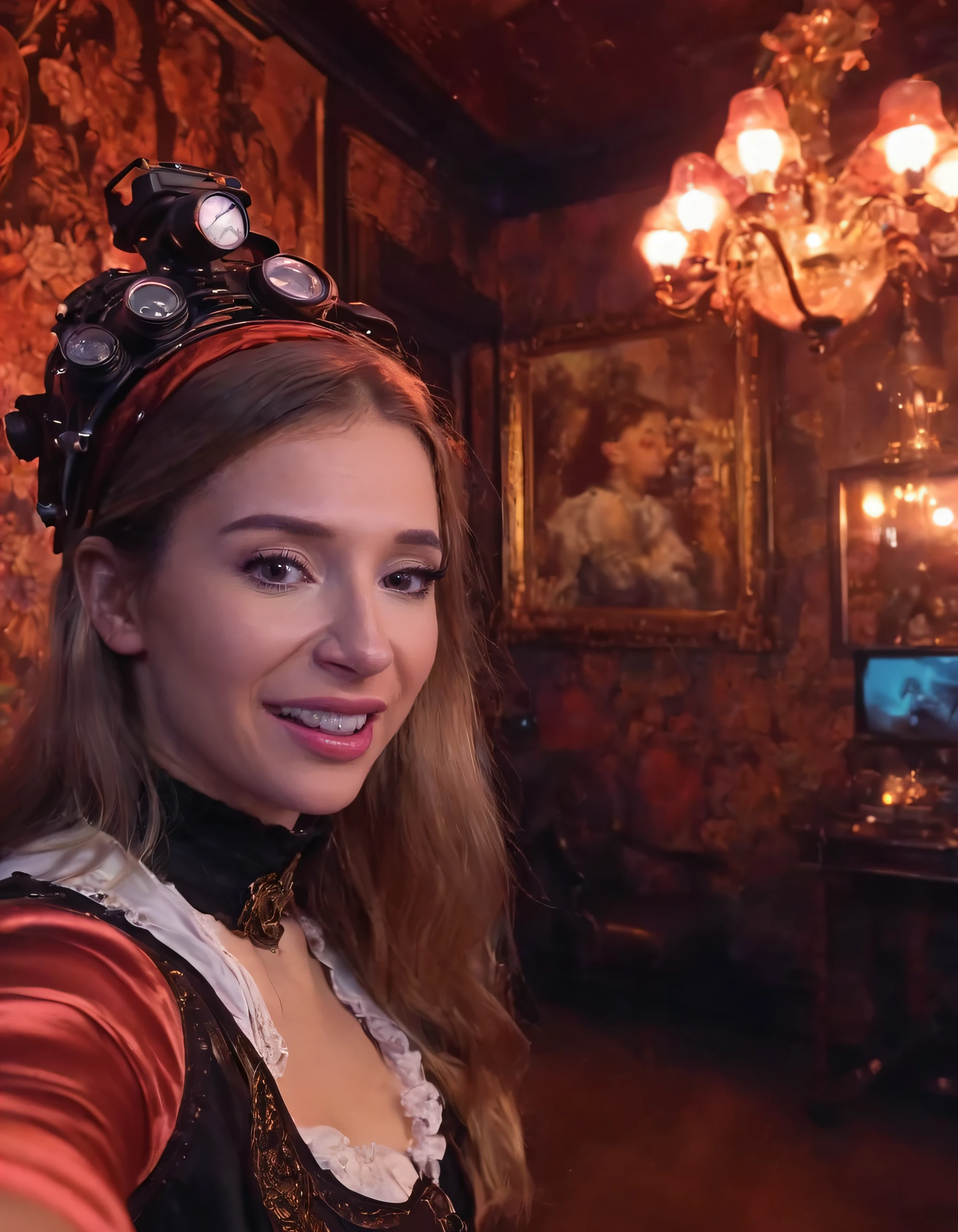 One girl, as an enigmatic subject, stood amidst the Victorian era ambience with a beaming smile on her face, posing for a selfie that perfectly captured the 8k Oil painting masterpiece behind her in a steampunk setting - a masterfully crafted work of art by Gilberto Soren Zaragoza and Jan Urschel. The vibrant scene was illuminated by both the glorious sunset panorama with its vivid colors, reminiscent of photolab's finest techniques, and the ominous black lighting that gave a real-world evil twist to wizardcore. All in all, it was an intricately woven multidimensional experience, like something out of a Laocoön statue, which left everyone in awe of this surreal and fascinating reality with its racing stripes, motion blur, crowded woods and flowers, and two contrasting colors of happiness and oppression. Bebahan <lora:wtvqht18ebd92ac7bx6d:1>