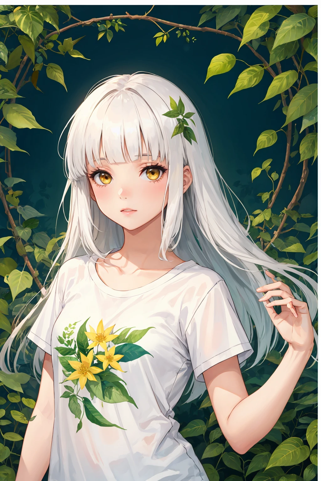 1girl, hazel yellow eyes, white hair, long hair, blunt bangs, hime cut, small breast, t-shirt, watercolor style, flower, leaf, vines, floral work, upper body, pose, contrapposto