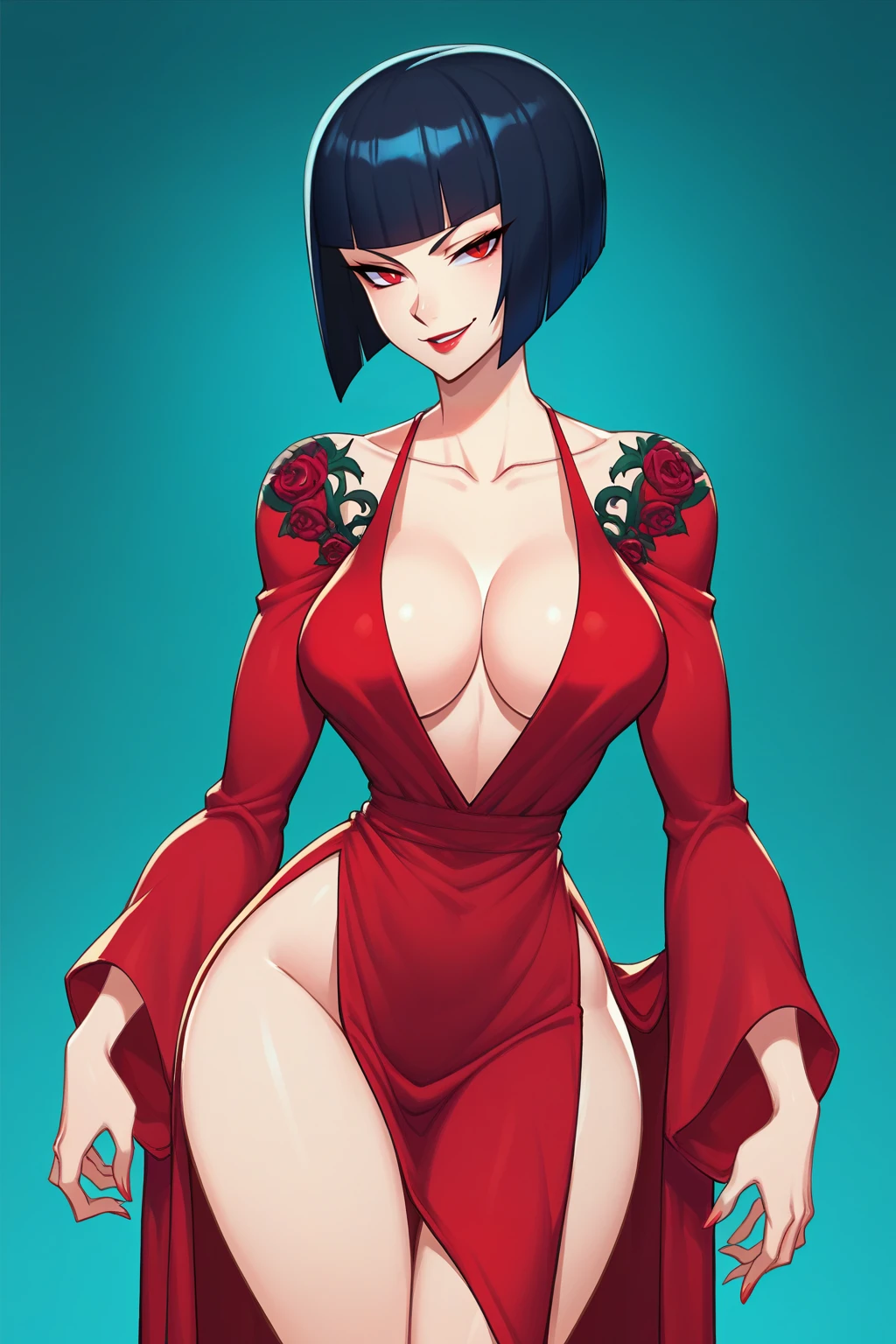 score_9, score_8_up, score_7_up, score_6_up, score_5_up, score_4_up, BREAK ,cowboy shot,1girl,solo,digital painting
large breasts,smile,collarbone,puffy lips
slender legs,thigh gap,hime cut,dark hair,red eyes,smirk,lipstick,bob cut,plunging neckline dress,lace robe