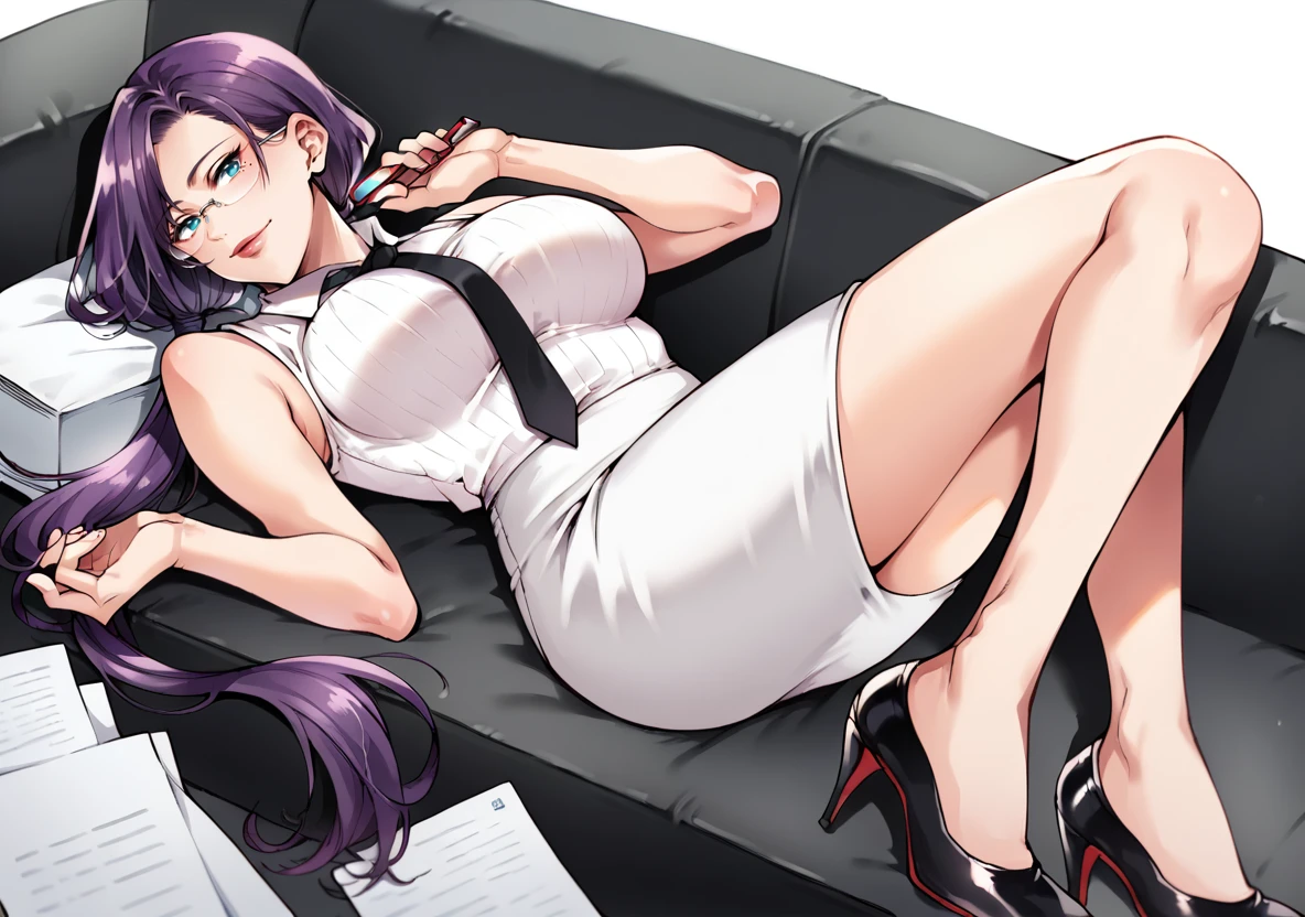 score_9, score_8_up, 1girl, purple hair, large breasts,  blue eyes,   ribbed shirt, sleeveless shirt,   bare shoulders, black necktie,  white blouse, office lady,  smile, lipgloss, glasses, , <lora:Shono-Style-PonyXL:1>,  very long hair,  low ponytail, stiletto heels, laying back, mole below eye