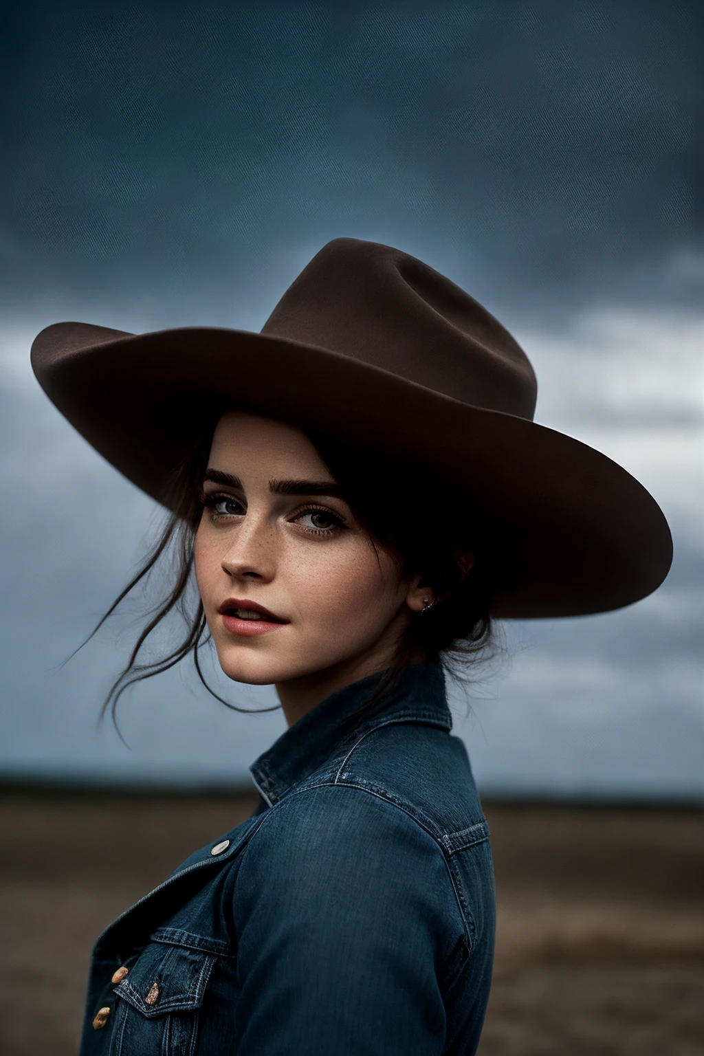 EmmaW_SoloTI_v1,PA7_Portrait-MCU, (A Westworld-inspired ensemble featuring rugged yet stylish elements, such as a leather jacket paired with distressed jeans and cowboy boots, accessorized with a wide-brimmed hat and a statement belt buckle:1.1), ((In a frontier-inspired setting, with wide-open spaces and a hint of mystery, echoing the adventurous spirit of the Wild West:1.2)), (seductive), photorealistic, masterpiece, high quality, artistic, unique, award winning photograph, professional, 8k, RAW photo, best quality,flattering, (cinematic:1.3), (low key), <lora:add_detail:0.5> ,<lora:LowRa:0.4>