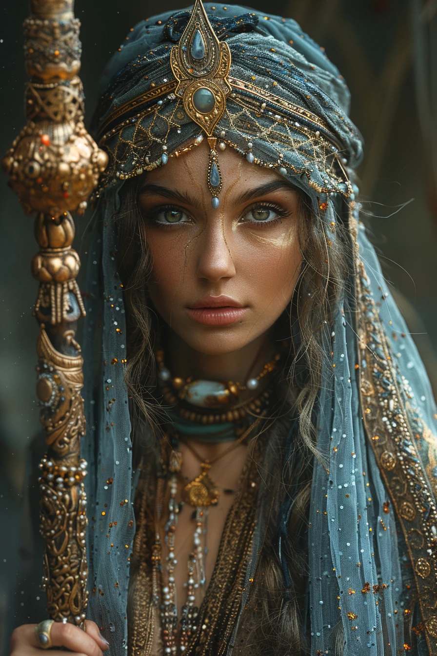 Ishtar, wise-one, wizard, full shot, masterpiece, photorealism, fashion photography, totality, eclipse, celestial, intricately detailed, natural lighting