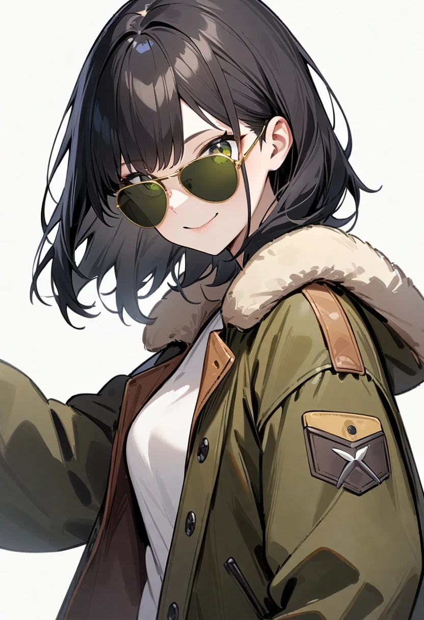 masterpiece, best quality, very aesthetic, absurdres, 
1girl, solo, black hair, medium hair, smile, upper body, bomber jacket, mods coat, 
sg-AVIATOR, sunglasses, yellow-framed eyewear,  darkgreen-tinted eyewear
, white background, simple background,
 <lora:sunglasses_aviator_SDXL_V1:1>