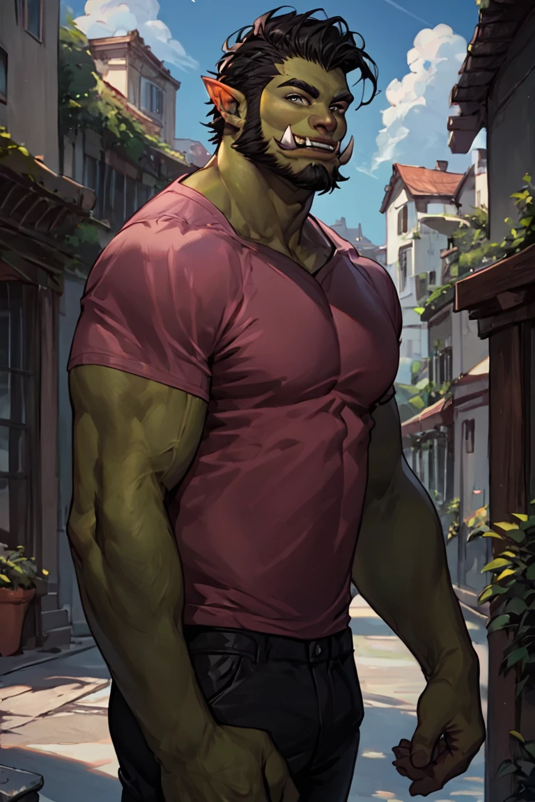score_9, score_8_up, score_7_up, rating_safe, orc, green skin, tusks, beard, black hair, muscular, pink t-shirt, black pants, smile, 1boy, solo, male focus, mature male, looking at viewer, cowboy shot, standing, outdoors, city, building <lora:MatureMaleMix v1.4 Dark Style LoRA_Pony XL v6:1>