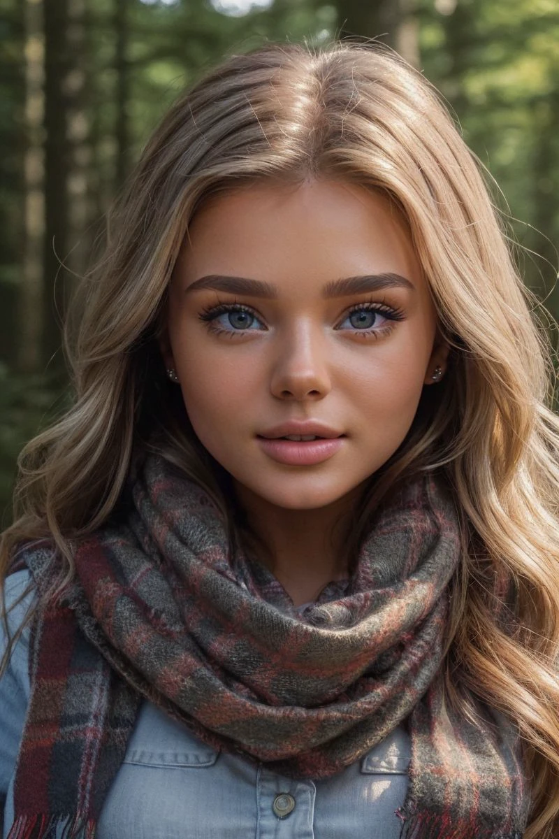 closeup headshot of S375_VeronikaZolotova,a beautiful woman,in a (forest:1.1),wearing a (plaid-scarf:1.1),(4k, RAW photo, best quality, 35mm, depth of field, ultra high res:1.1),(intricate, photorealistic, cinematic-shot, masterpiece, ultra-detailed:1.1),
