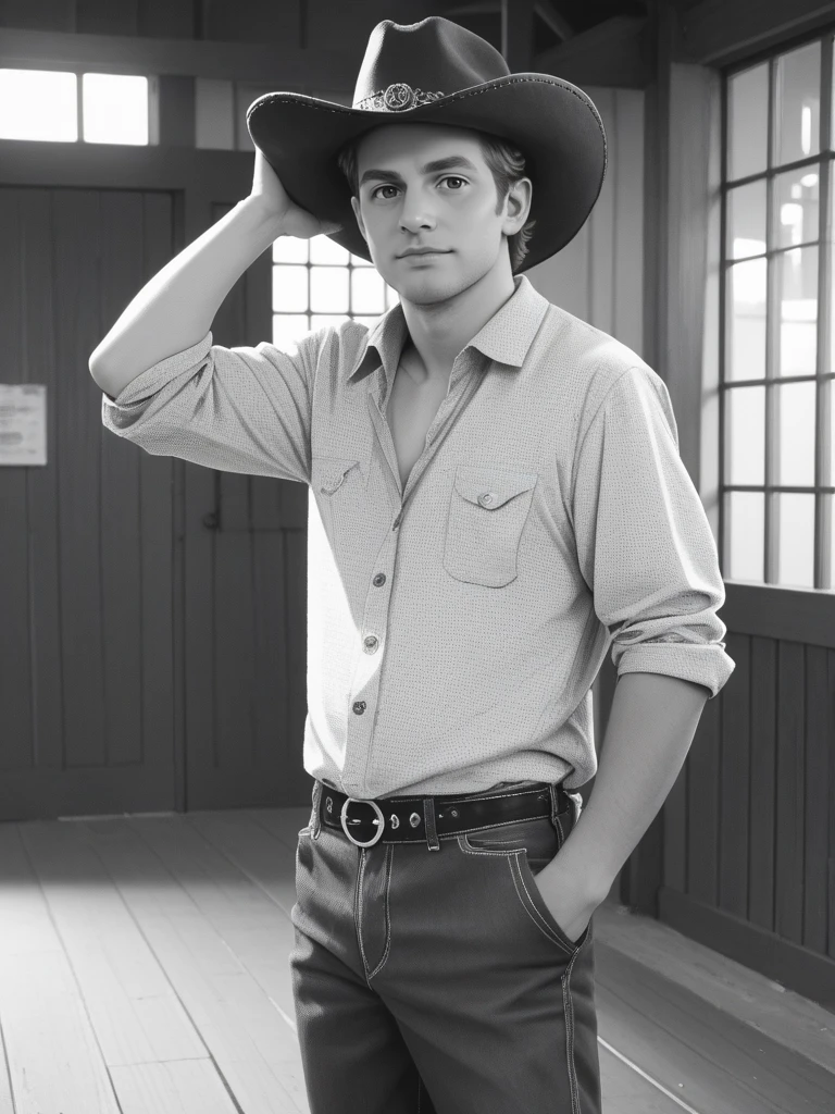 bpe-sepia solo 1boy old rancher
( visiting post station) stable, standing, indoors, horizon, cowboy hat on head,rugged, looking at viewer, grit,
pny-safe no humans