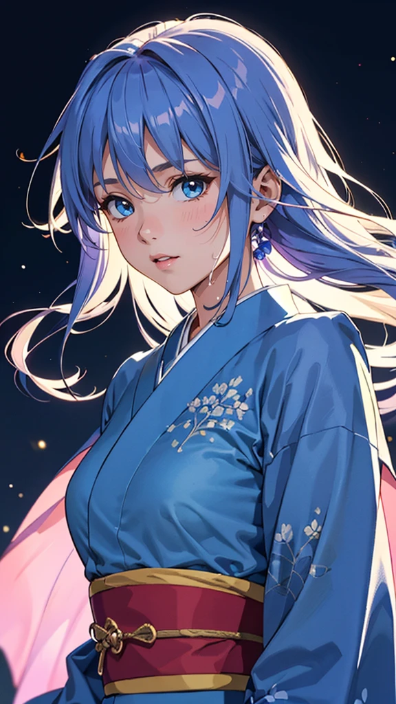 (best quality, masterpiece, colorful, highest detailed) upper body photo, fashion photography of cute (young cute french girl), floating blue hair, long hair, (water:0.7), waterdrop, wet, high detailed blue kimono texture, intricate pattern, ultra detailed, (textured clothing), (ultra-detailed body), (light smile:0.3), softlight passing through hair, (monochromatic bokeh background), (dynamic angle), (intricate details), (dynamic angle)