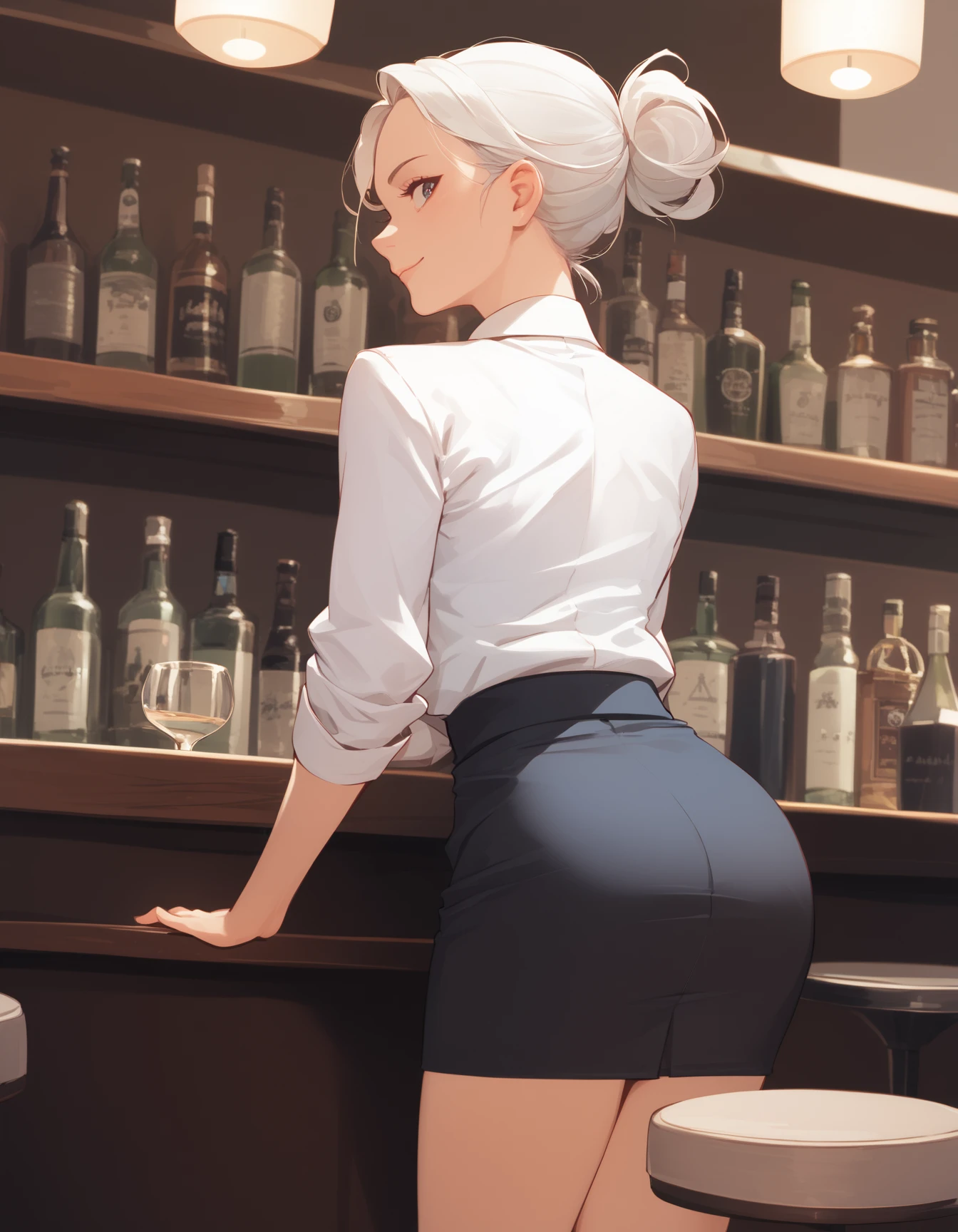 score_9,  score_8_up, score_7_up, source_anime
<lora:jett-ponyxl-000020:1> j37t, skirt suit, formal,
1girl, solo, counter, looking back, light smile, bar