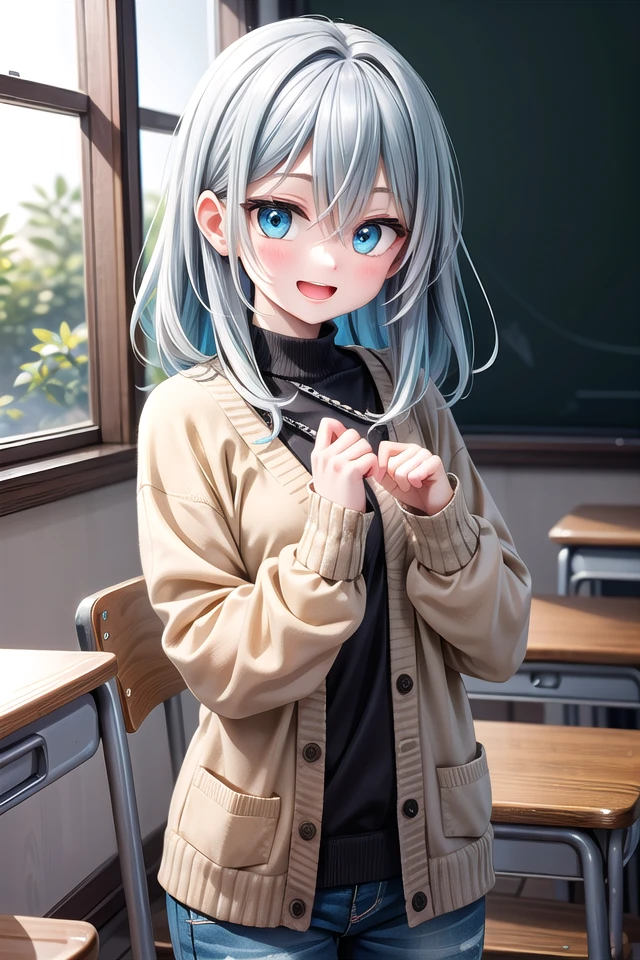 insanely detailed, absurdres, ultra-highres, ultra-detailed, best quality,
1girl, solo, nice hands, perfect hands
BREAK
(loose fit cardigan:1.2), straight jeans, chain bracelet
, (nsfw:-1.5)
BREAK
happy smile, laugh, open mouth
BREAK
,
standing, cowboy shot, looking at viewer
BREAK
slender, kawaii, perfect symmetrical face, ultra cute girl, ultra cute face, ultra detailed eyes, ultra detailed hair, ultra cute, ultra beautiful
BREAK
in classroom, school desk, school chair, chalkboard, depth of field, ultra detailed background
BREAK
medium breasts
BREAK
turquoise blue hair, black eyes, messy hair, hair between eyes