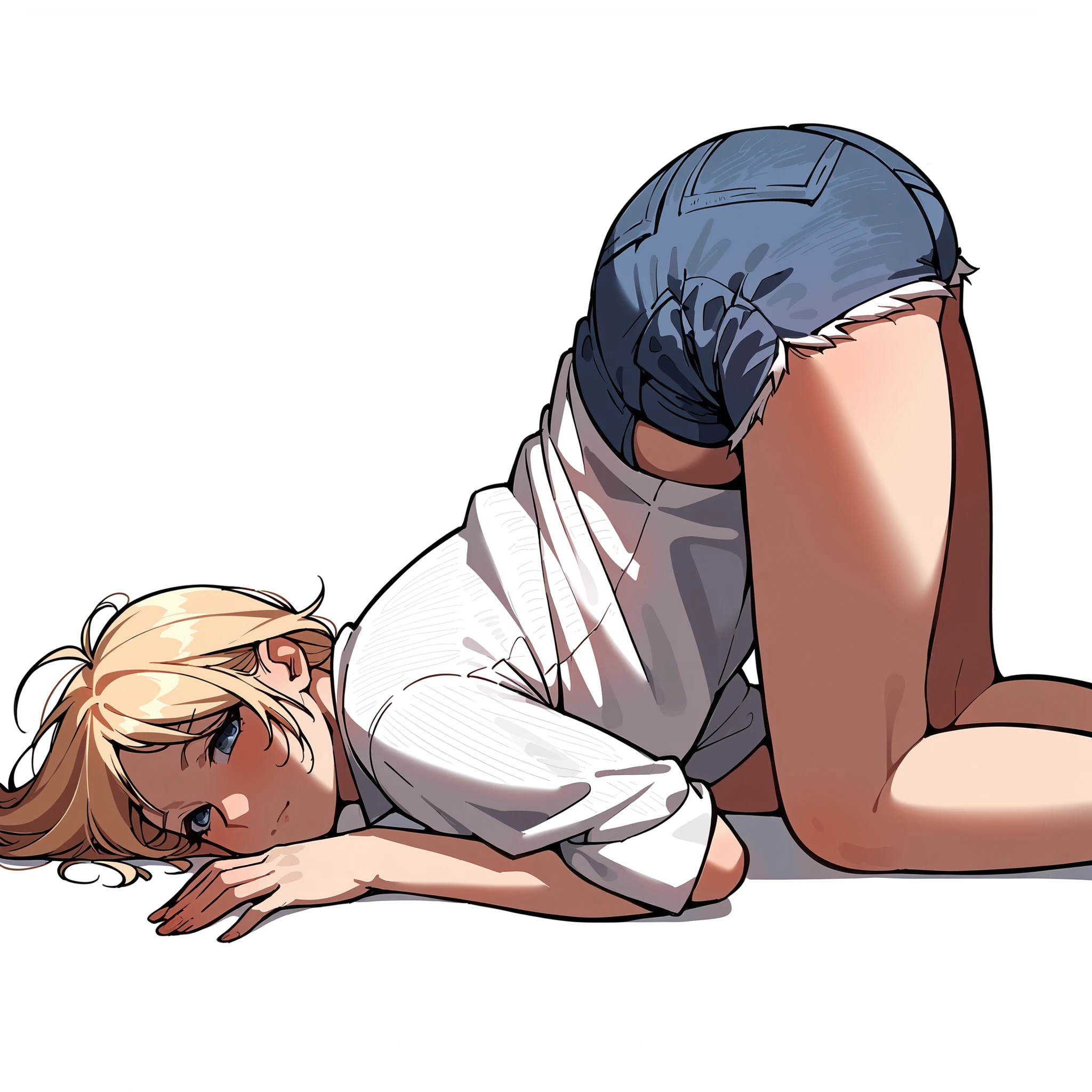 score_9, score_8_up, score_7_up, score_6_up, score_5_up, score_4_up, white background, lineart, source_anime, smooth outline,  beautiful woman bowing down on the floor, denim shorts, white shirt, blonde hair, from side, looking at viewer