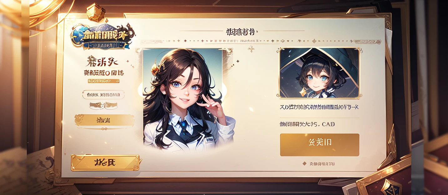 game interface,Card interface,return to title,tab,currency column,black hair,multiple girls,2girls,smile,blue eyes,multicolored hair,looking at viewer,labcoat,yellow eyes,
Exquisite,high-definition,(((high-quality))),
<lora:huanqing_zhizhangee:0.8>,