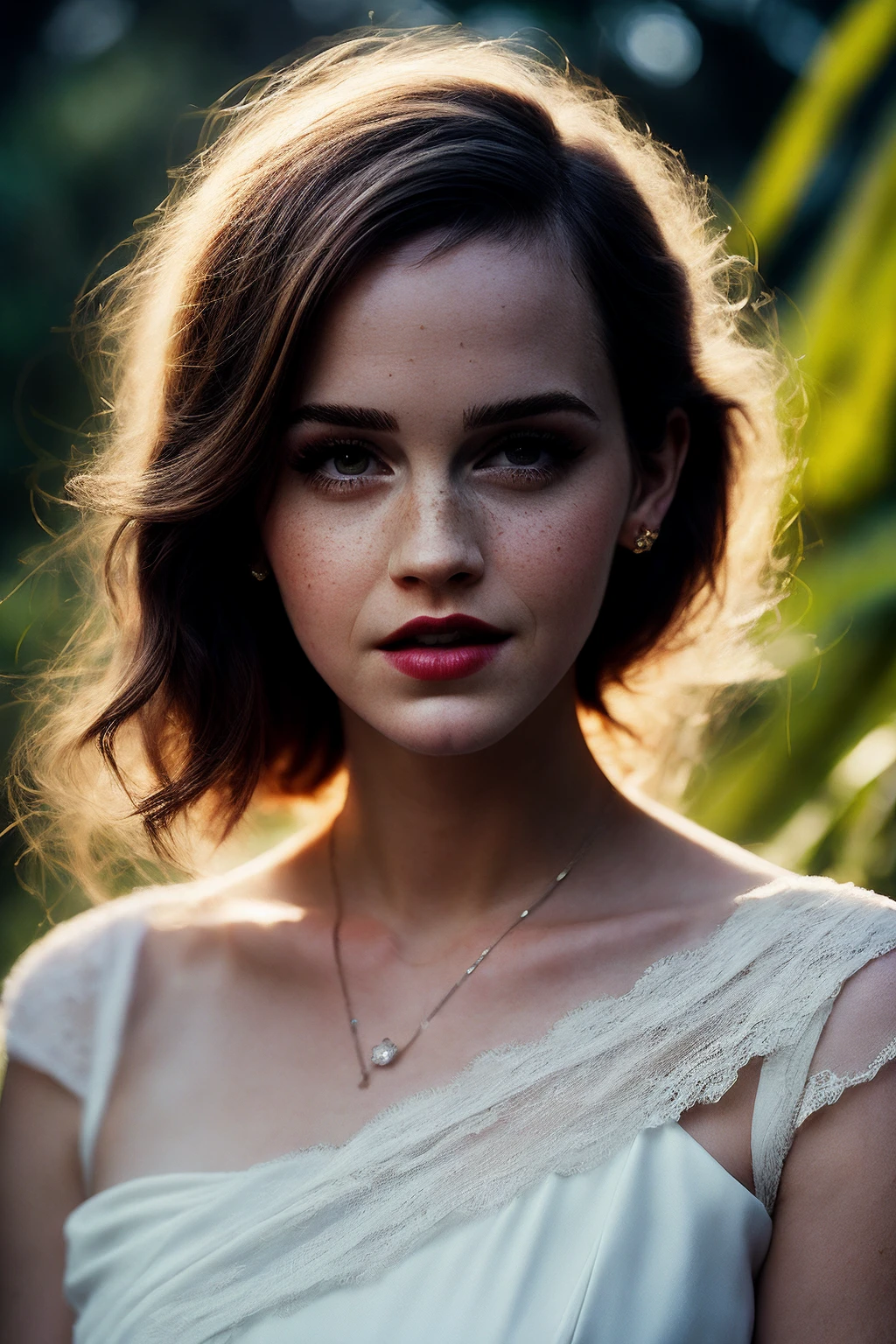 EmmaW_SoloTI_v1,PA7_Portrait-MCU, (modern photo, A white lace dress, paired with pink high heels, for a sweet and feminine look:1.1), closeup portrait, 85mm, (analog, cinematic, film grain, hazy atmosphere:1.3), ((A garden in the afternoon, with sunlight shining through the leaves:1.2)), detailed eyes, (painted lips), (seductive), (cinematic shot:1.3), <lora:add_detail:0.5> ,<lora:LowRa:0.3>