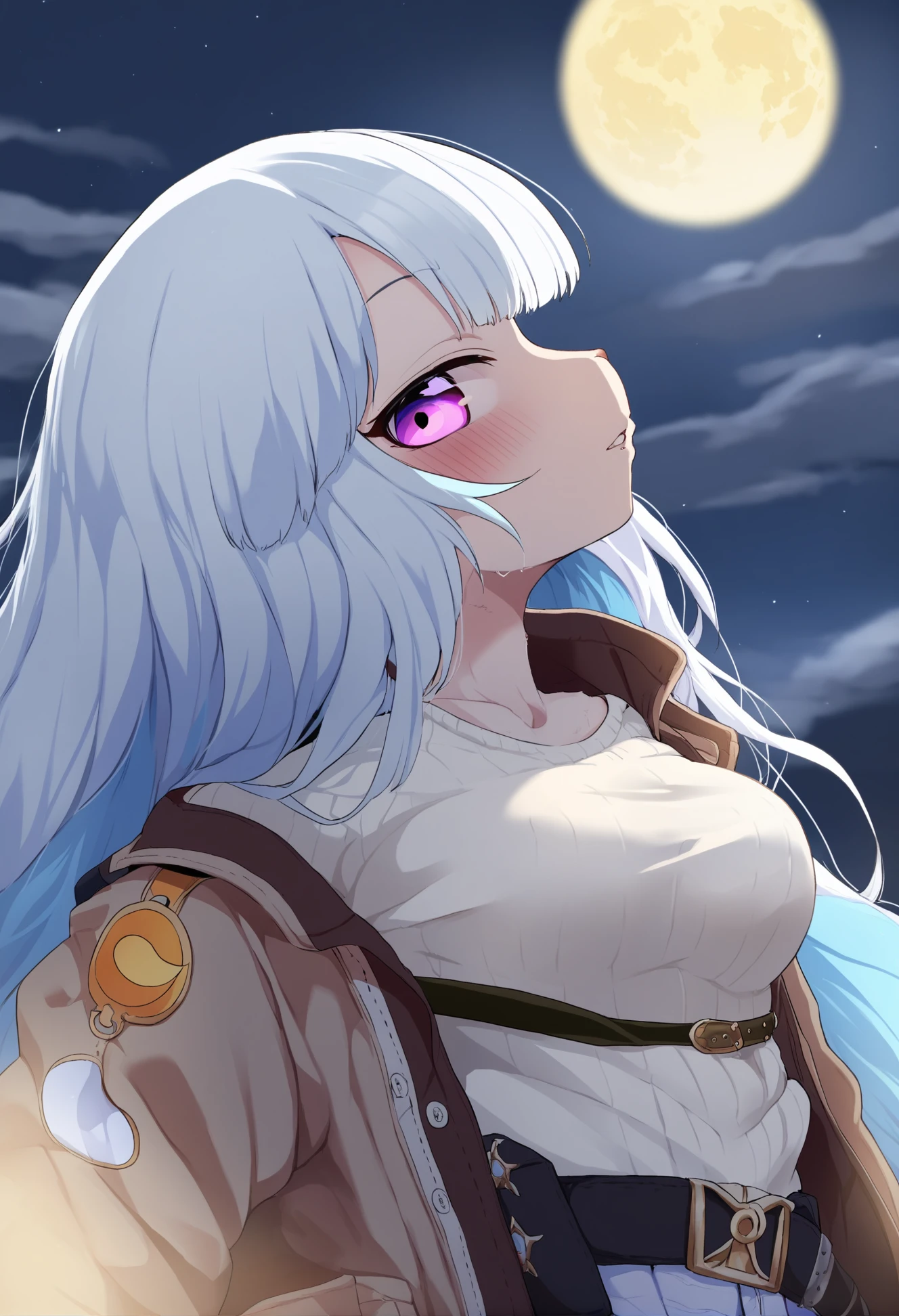 masterpiece, hyper detailed, best quality,(furry:1.3),lize helesta, 1girl, virtual youtuber, solo, long hair, white sweater, sweater, white hair, multicolored hair, belt, blue hair, bangs, jacket, looking at viewer, moon, coat , parted lips, floating hair , breasts, medium breasts, long sleeves, crescent moon, skirt, colored inner hair ,<lora:DAGASIXLlokr8f-000188:0.95>