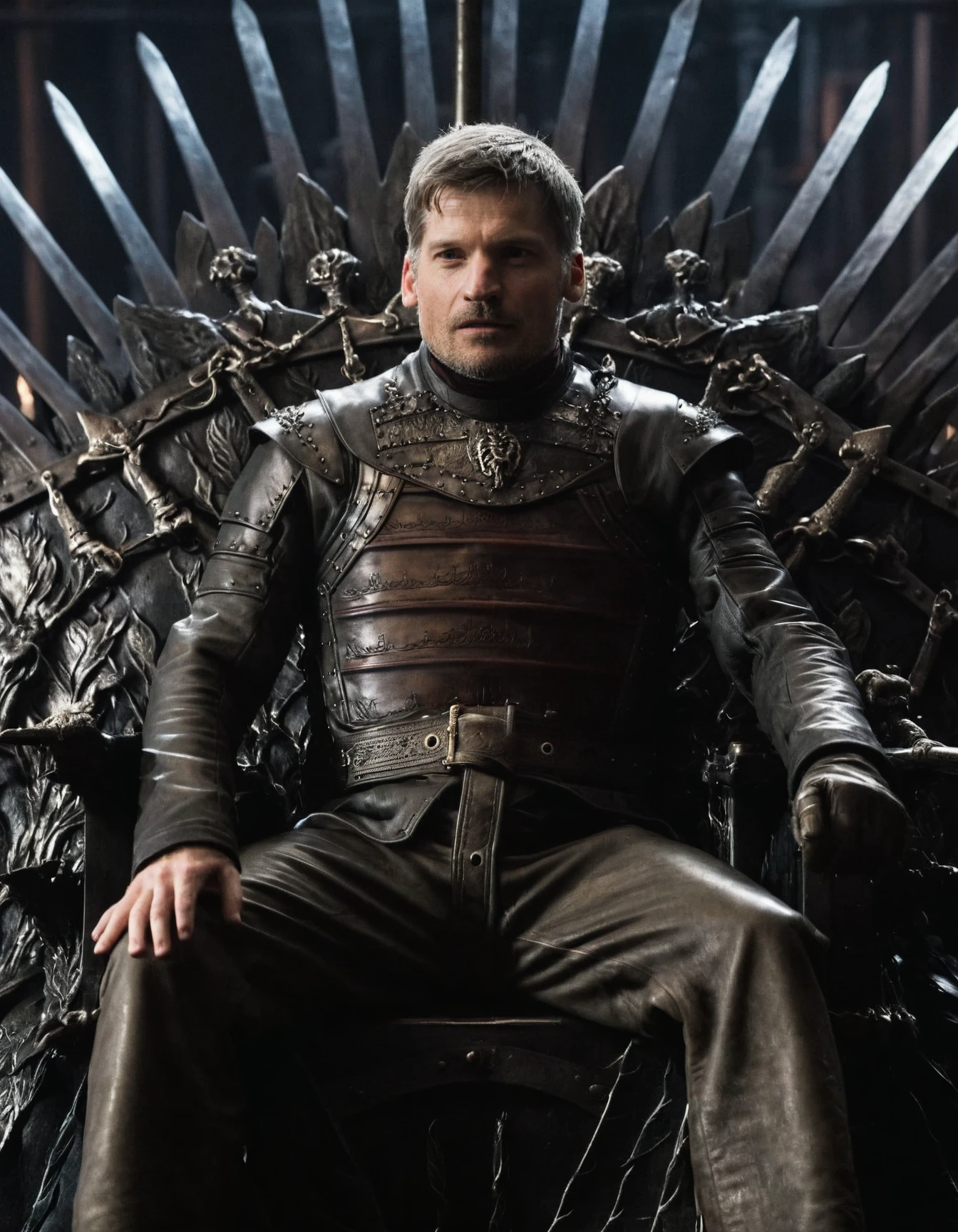 high resolution photo of jme man with short grey hair,full body shot,volumetric lighting,wearing leather outfit,sitting in the iron throne,the shot is cinematic,highly detailed skin,(sweaty skin:1.2)