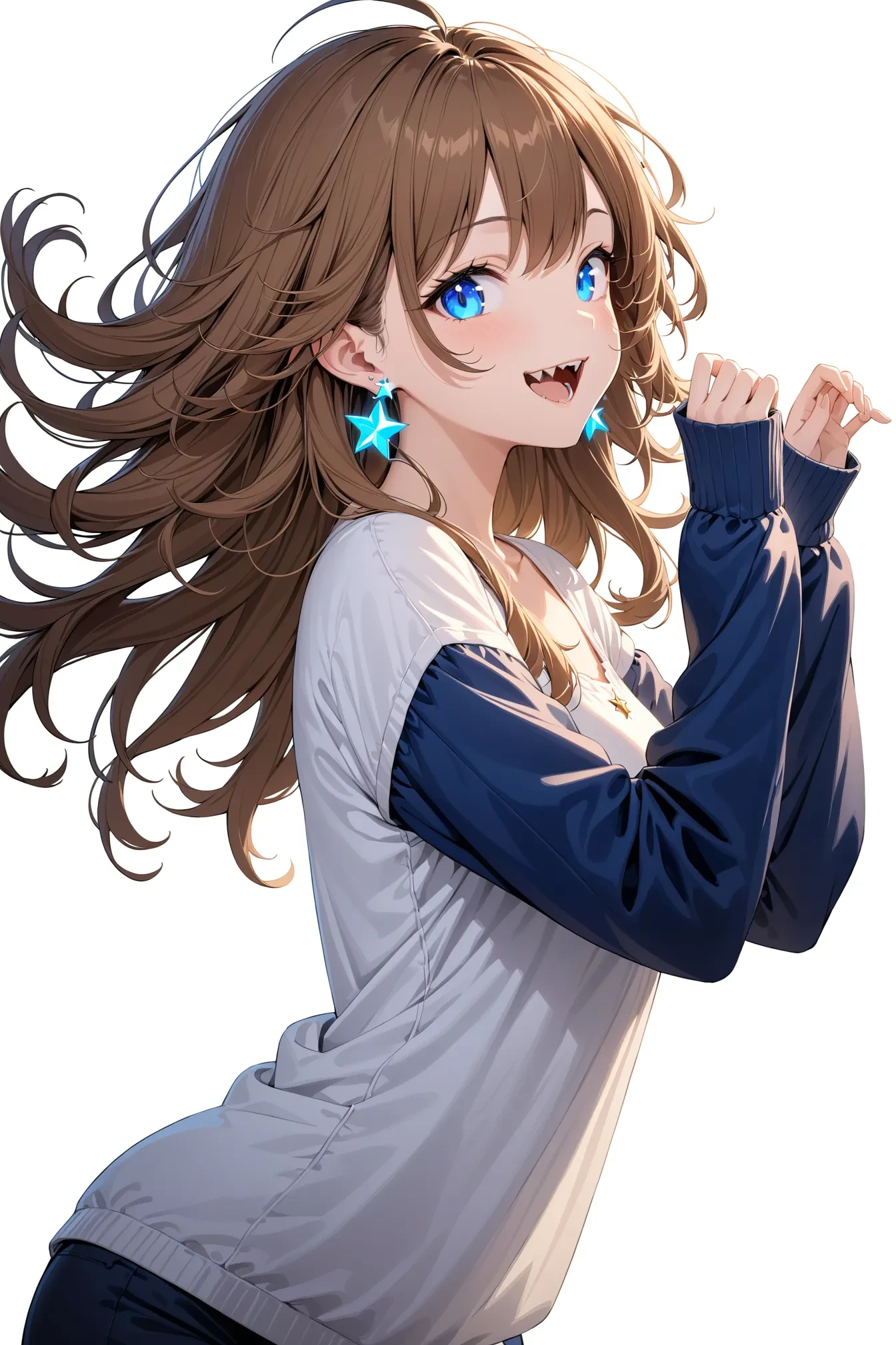 masterpiece, best quality, 1girl, solo, :d, blue eyes, brown hair, earrings, fangs, floating hair, hands up, jewelry, long hair, long sleeves, looking at viewer, messy hair, open mouth, profile, simple background, sleeves past wrists, smile, star \(symbol\), white background