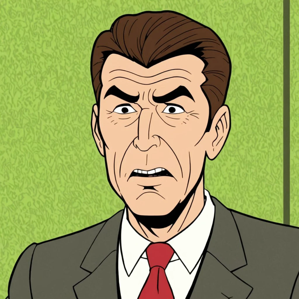 cartoon screencap of Ronald Reagan in (venturebros:1.4) style. , frowning expression,
<lora:VentureBros_style_XL_v1.1:1.0>
