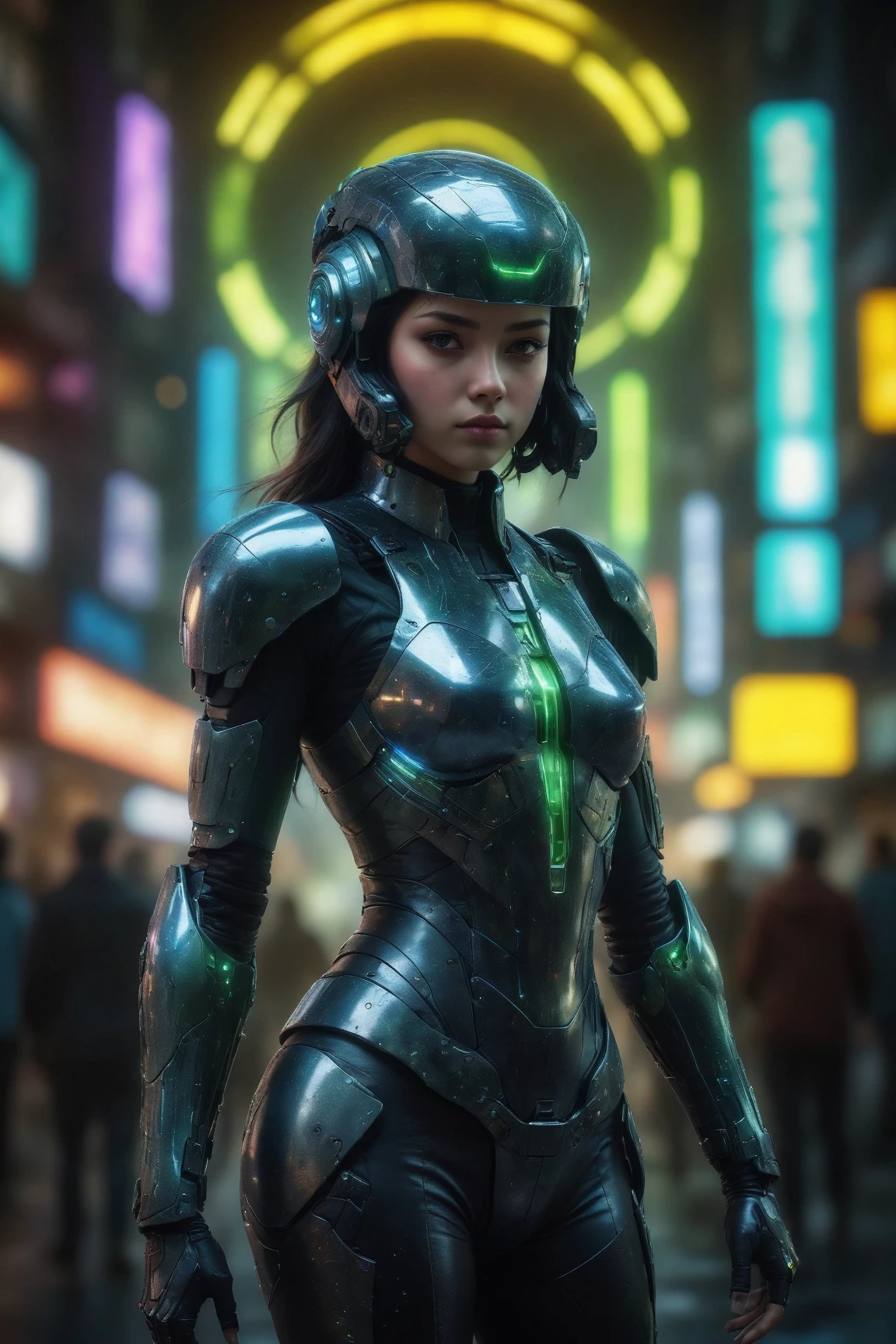 (ultra detailed, hyper-realism), a digital artwork featuring a girl adorned in an elegant black and silver cyborg armor with intricate mechanical parts and a futuristic helmet donning a massive holographic visor. Her eyes glow with a mesmerizing green hue, adding to the futuristic allure of the scene. The sci-fi armor, meticulously detailed with carbon textures, exudes a sense of technological sophistication reminiscent of cyberpunk classics like "Ghost in the Shell" and "Deus Ex". Captured in a full-body shot, the girl strikes an action pose, radiating strength and determination. The artwork boasts ultra-sharp focus, perfect contrast, and high sharpness, creating a visually stunning composition that commands attention. With global illumination and smooth rendering, every detail of the scene is brought to life in ultra-high definition, perfect for display in 8K resolution. Created using Unreal Engine 5, this masterpiece of digital art showcases the pinnacle of realism and creativity, destined to trend on platforms like ArtStation.