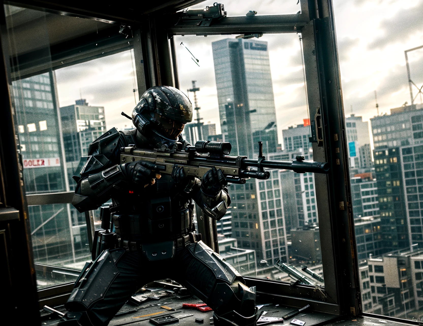 photo++ of an ODST aiming a sniper rifle out a shattered window, war-torn urban scenery