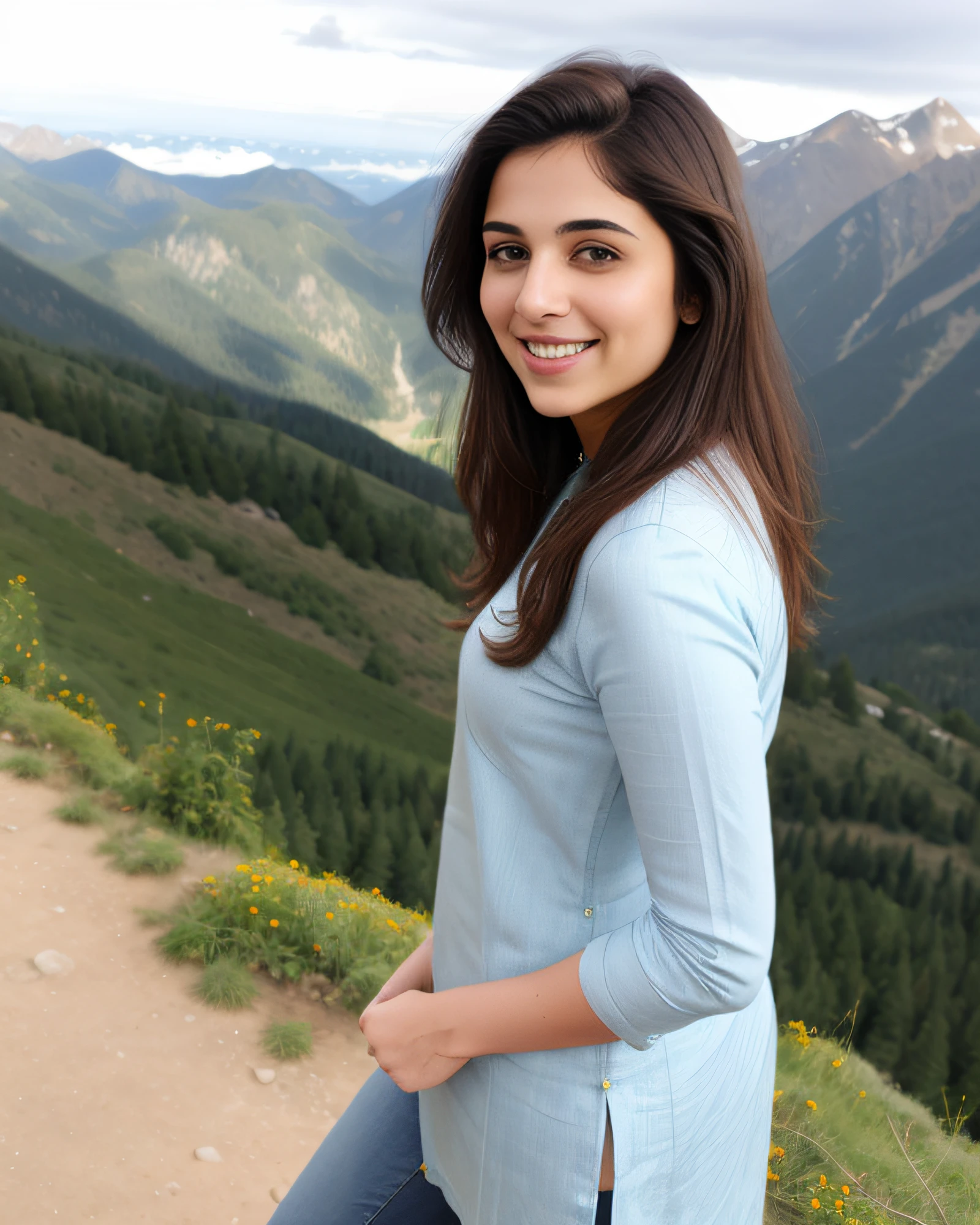 ultrarealistic photo of a 30-year-old desilatte woman, dynamic pose, wearing Jeans_with_kurta, smiling, on a mountain top background bokeh  <lora:Desi_Coffee_V3_SD15_LoRA_prodigy_local_regs:0.8>