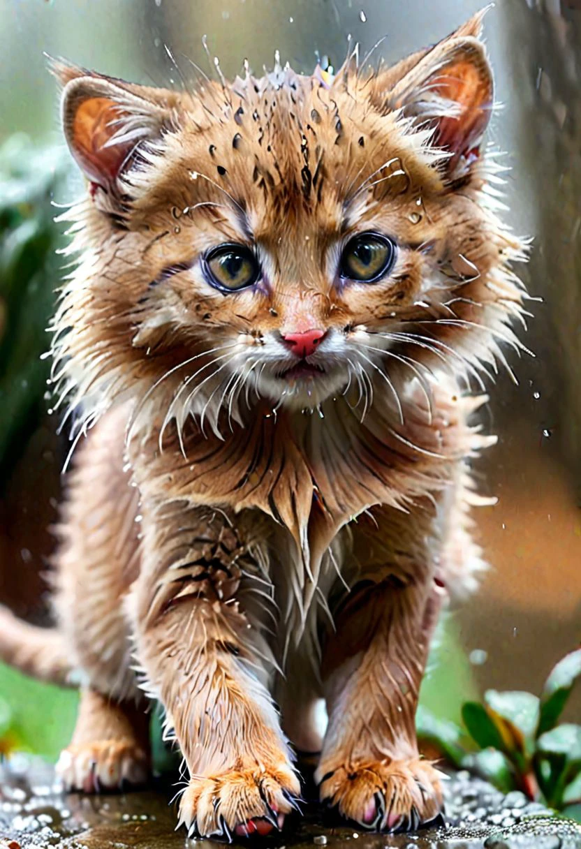 tiny kitten realistic, wet nose, bristling fur, pose in stalking to catch a small mouse