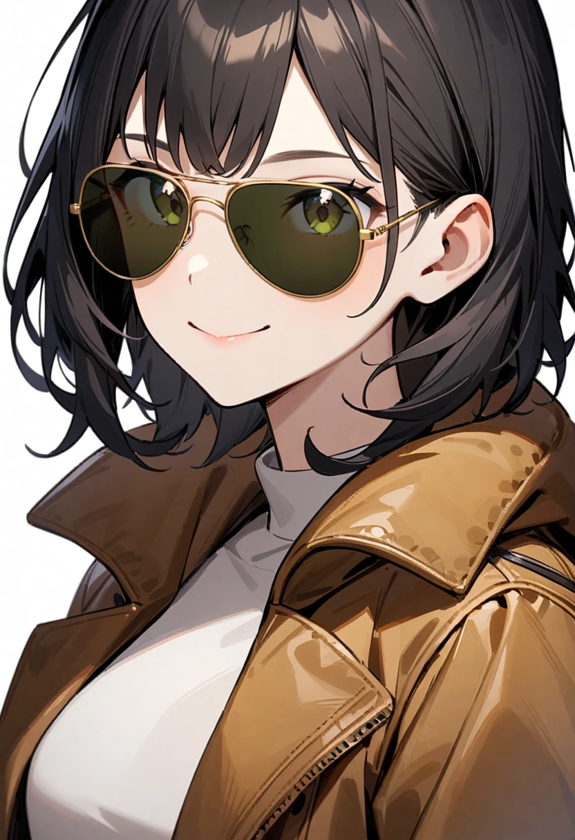 masterpiece, best quality, very aesthetic, absurdres, 
1girl, solo, black hair, medium hair, smile, upper body, bomber jacket, mods coat, 
sg-AVIATOR, sunglasses, yellow-framed eyewear,  darkgreen-tinted eyewear
, white background, simple background,
 <lora:sunglasses_aviator_SDXL_V1:1>