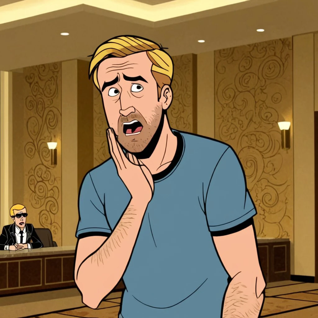 cartoon screencap of Ryan Gosling in (venturebros:1.4) style. , angry expression, Hands behind head, elbows wide., dramatic camera angle, depth of field, scene in Elegant hotel lobby
<lora:VentureBros_style_XL_v1.1:1.15>