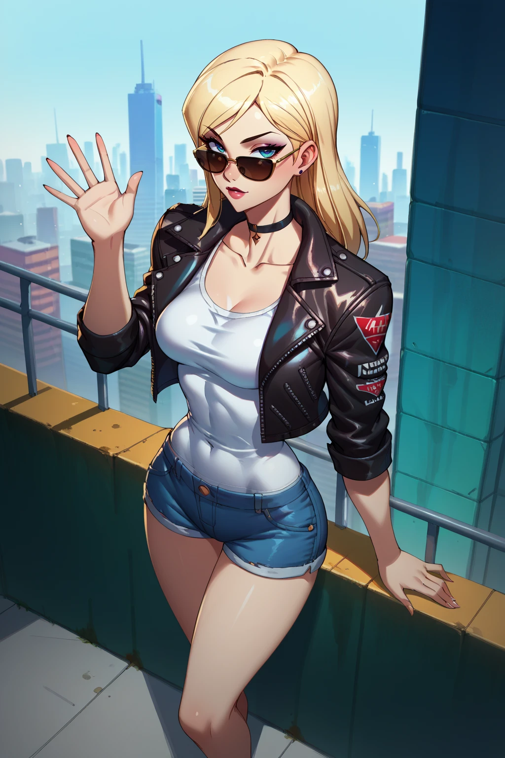 score_9, score_8_up, score_7_up, score_6_up, score_5_up, score_4_up, BREAK ,cowboy shot,1girl,solo,digital painting,rating_explicit,
<lora:edgNadiaPony:0.7> nadia, sunglasses, choker, leather jacket,shirt,denim shorts,sexy pose,lips,lipstick,collarbone,from above,top angle,city skyline,waving