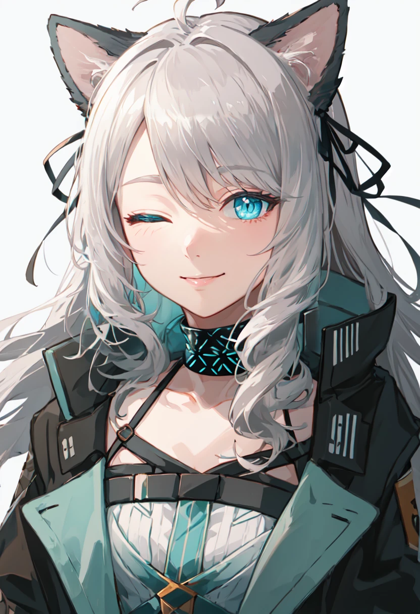 best quality, masterpiece, highres, solo, (mint_arknights:1.10), smile, happy, one eye closed, portrait, looking at viewer, 28 <lora:mint_arknights:0.80>