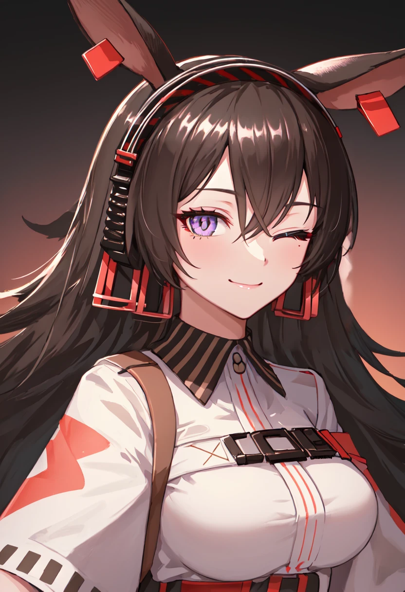 best quality, masterpiece, highres, solo, (april_arknights:1.10), smile, happy, one eye closed, portrait, looking at viewer, 28 <lora:april_arknights:0.80>