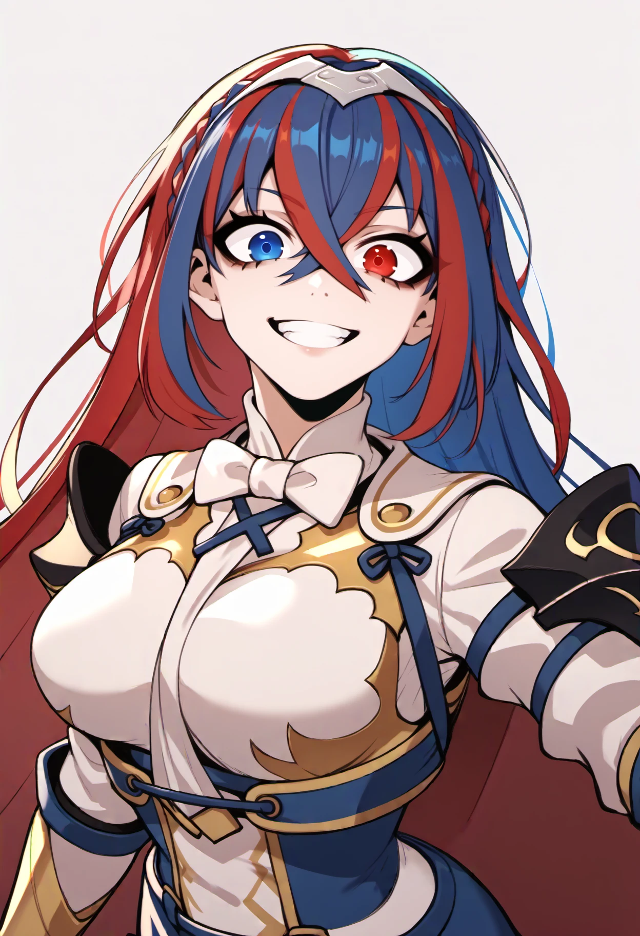score_9, score_8_up, score_7_up, score_6_up, source_anime, BREAK, upper body, simple background, 1girl, <lora:alear-fe-richy-v1_pdxl:1> aleardef, heterochromia, blue eyes, red eyes, multicolored hair, red hair, blue hair, braid, crossed bangs, very long hair, tiara, bowtie, armor, suspenders, blue skirt, gloves, cape, large breasts, looking at viewer, smile, teeth, <lora:JdotKdot_PDXL-v1-10:1>