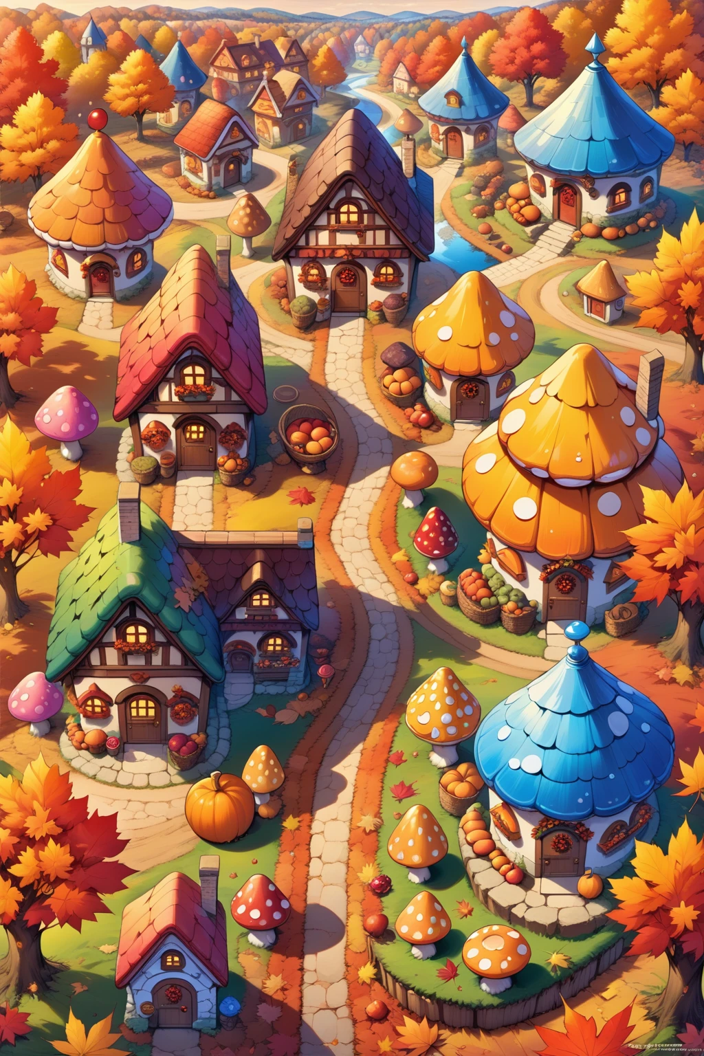 Mushroom houses, trees, roads, HD, masterpieces, best quality, autumn, harvest fruitï¼  <lora:lora:0.8>