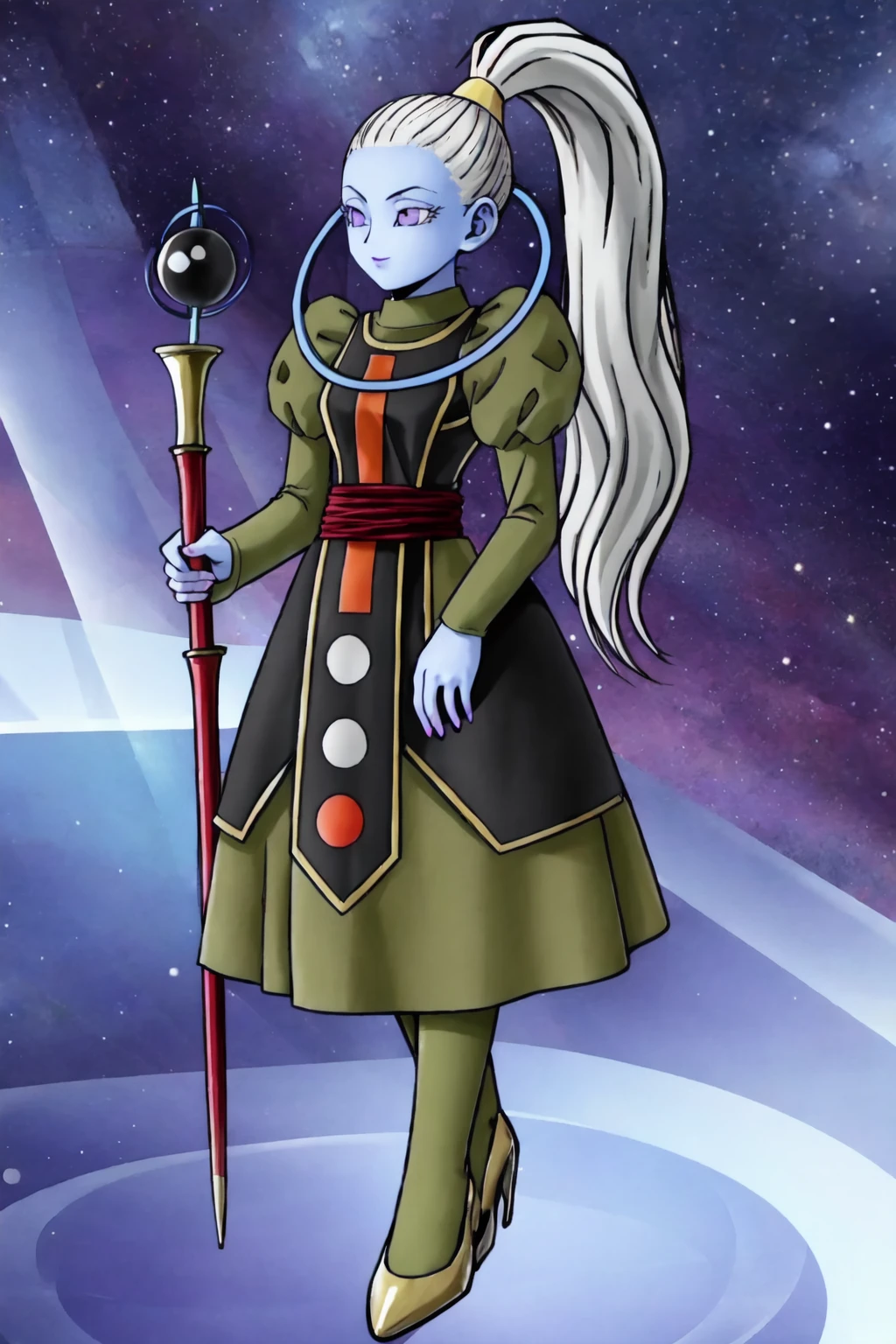 vados, 1girl, solo, light blue skin,white hair, cowboy shot, purple eyes, long hair,high ponytail, green dress, black tabard,juliet sleeves,long sleeves,(smile:0.8),space,star \(sky\),green pantyhose, white shoes, high heels, red sash,halo,fighting stance, holding staff, orb,(best quality, masterpiece,realistic)<lora:vados_v1:1> <lora:dissidia_v1:0.8>