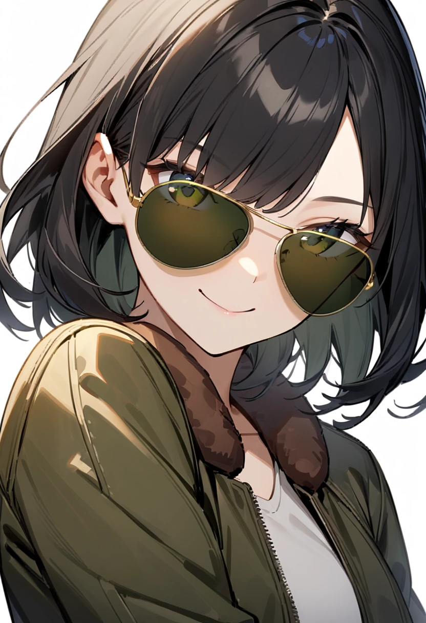 masterpiece, best quality, very aesthetic, absurdres, 
1girl, solo, black hair, medium hair, smile, upper body, bomber jacket, covered eyes, 
sg-AVIATOR, sunglasses, yellow-framed eyewear,  darkgreen-tinted eyewear
, white background, simple background,
 <lora:sunglasses_aviator_SDXL_V1:1>