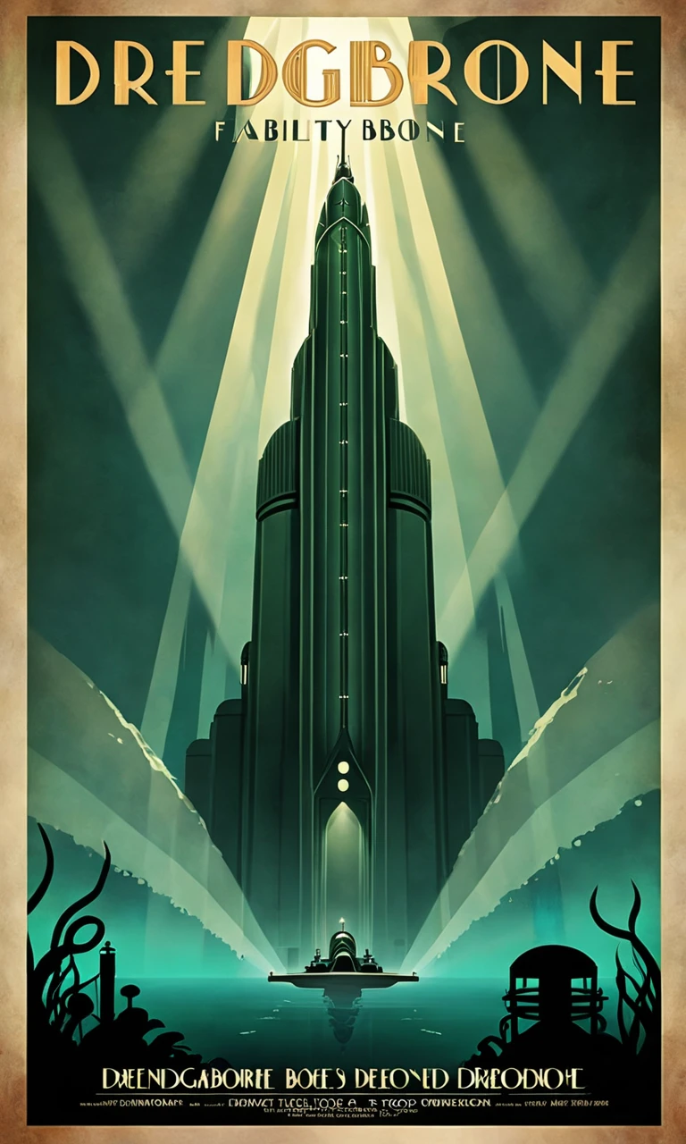 poster of underwater facility, Text:" Dredgeborne", <lora:artdecopostsdxl:0.8>, art deco style,