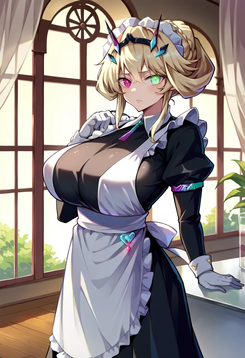 score_9, score_8_up, score_7_up, source_anime BREAK 1girl, solo, looking at viewer, cowboy shot,  <lora:Barghest_Sdxl:0.9>, Barghest_Maid, platinum blonde hair, twin braids, short hair, sidelocks, hair up, hair bun, heterochromia, glowing eyes, maid headdress, frilled dress, pleated dress, juliet sleeves, maid apron, collar, black skirt, long skirt, white gloves, huge breasts, curvy, indoors, vila, marble floor, glass table, day, window,  <lora:Fujimaru-Style-PonyXL:1>