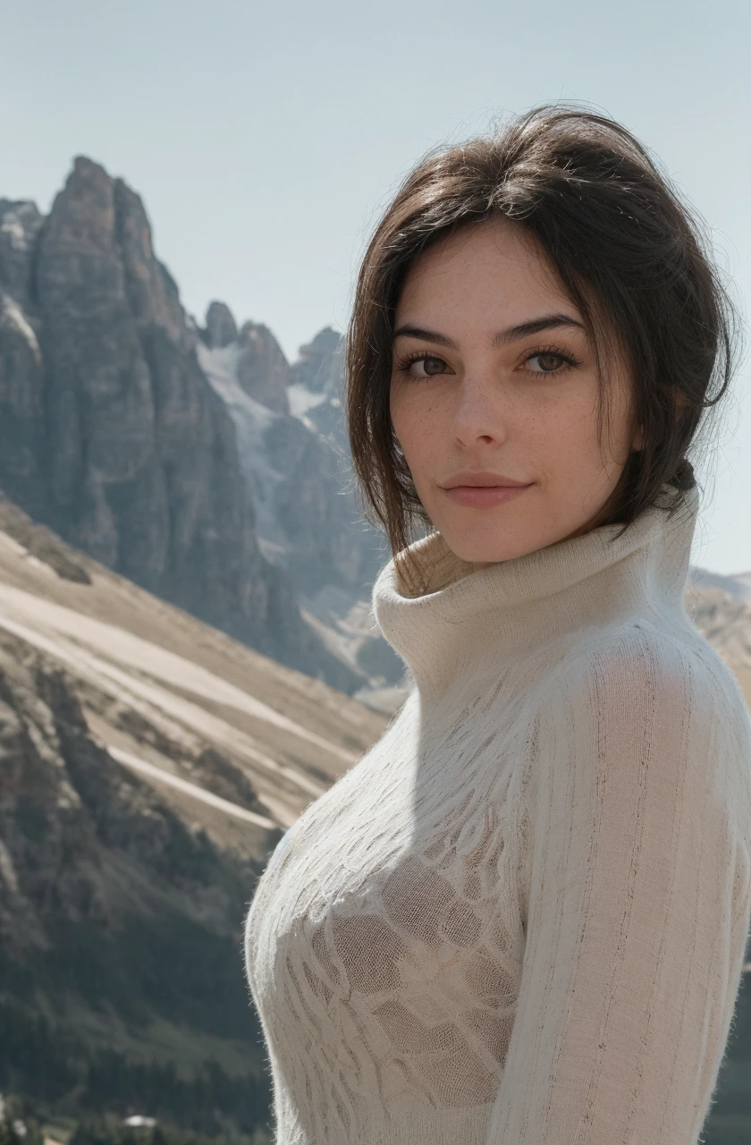 <lora:sh1fty_64_16_batch8:1> bodyshot photo of a woman highly detailed textured skin, pores, blemishes, wearing a turtleneck cableknit sweater, with ornate hair, with the dolomites mountain range in the background, outdoors (sh1fty:1.0)