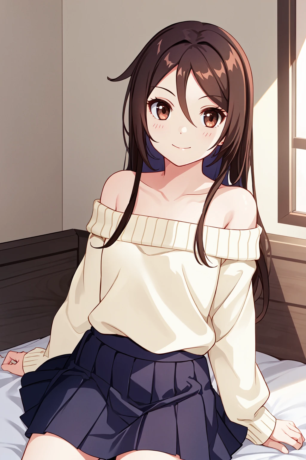 young girl, long hair, brown hair, grey eyes,hair over shoulders,ponytail, small breasts, short stature, (happy smile),(clenched teeth), dark orange dress, (blush),(hands behind back),( standing),bedroom, pov from fornt, looking at viewer,solo focus