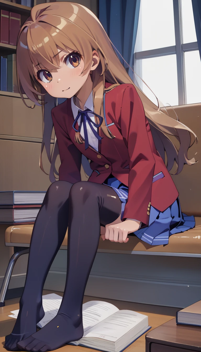 aisaka taiga, 1girl, solo,long_hair, brown hair,(school uniform:1.1), skirt,shirt, ribbon  flat chest, (black thighhighs:1.1)，(foot_focus:1.15),foot_worship,full_body