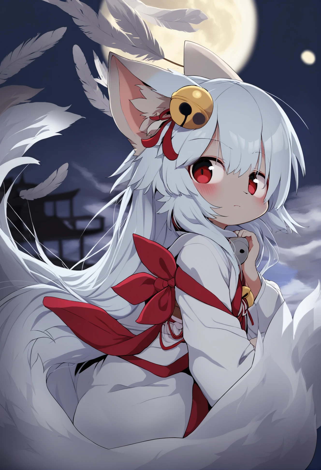 masterpiece, best quality,1girl, animal ears, tail, solo, long hair, fox ears, fox tail, moon, full moon, hair bell, japanese clothes, bell, multiple tails, looking at viewer, hair ornament, fox girl, white kimono, kimono, very long hair, animal ear fluff, feathers, red eyes, white hair, parted bangs, bangs, closed mouth, jingle bell, bow, kitsune, long sleeves, red bow<lora:DAGASIXLlokr8f-000188:0.95>