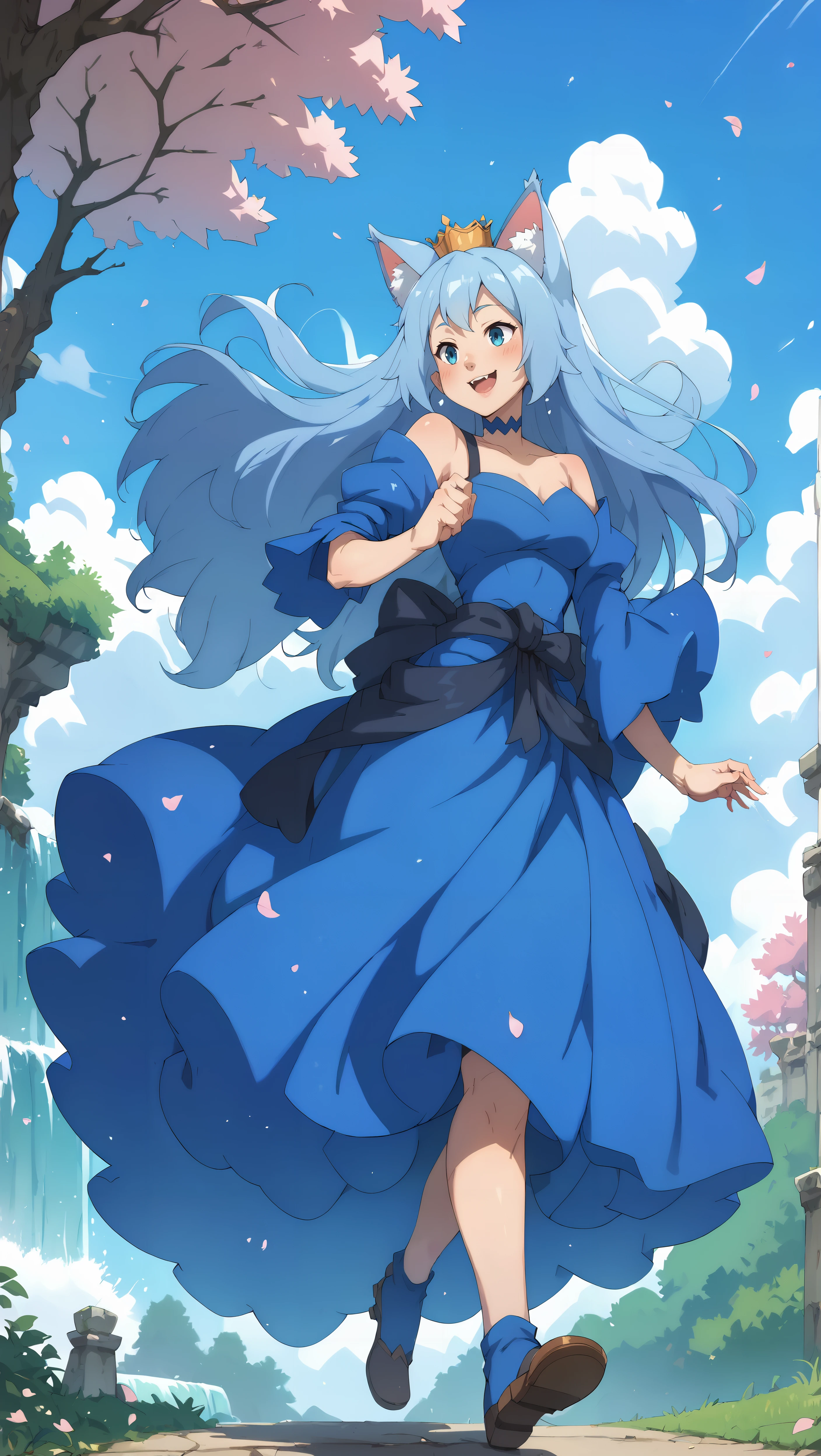 score_9,score_8_up,score_7_up,score_6_up, zPDXL, woman, long hair, light blue hair, light blue cat ears, blue eyes, crown, blue dress, blue choker, <lora:Fairy Queen_pony-000004:0.8>, <lora:Wakfu_CartoonV02:0.8>, (walking), outdoors, waterfall, cherry blossoms, falling pedals, windy, blue sky, puffy clouds, sakura tree, happy smile,