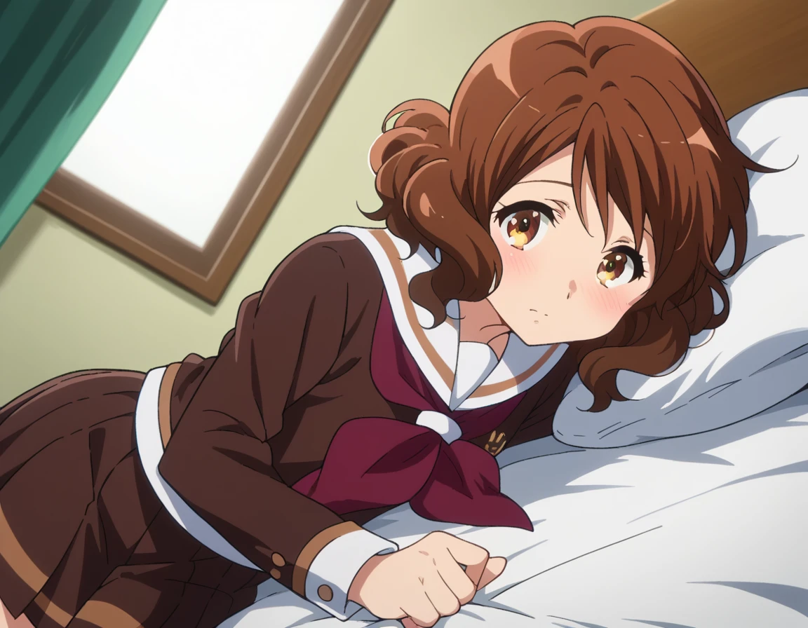 score_9, score_8_up, score_7_up, source_anime,
kumikooumae, <lora:kumiko-oumae-s2-ponyxl-lora-nochekaiser:1>,
kumiko oumae, brown eyes, brown hair, short hair, wavy hair,
skirt, shirt, long sleeves, school uniform, pleated skirt, serafuku, neckerchief, brown skirt, white sailor collar, brown shirt, kitauji high school uniform, red neckerchief,
indoors, bed, bed room, on side, blush, drunk,
looking at viewer, cowboy shot, dutch angle,