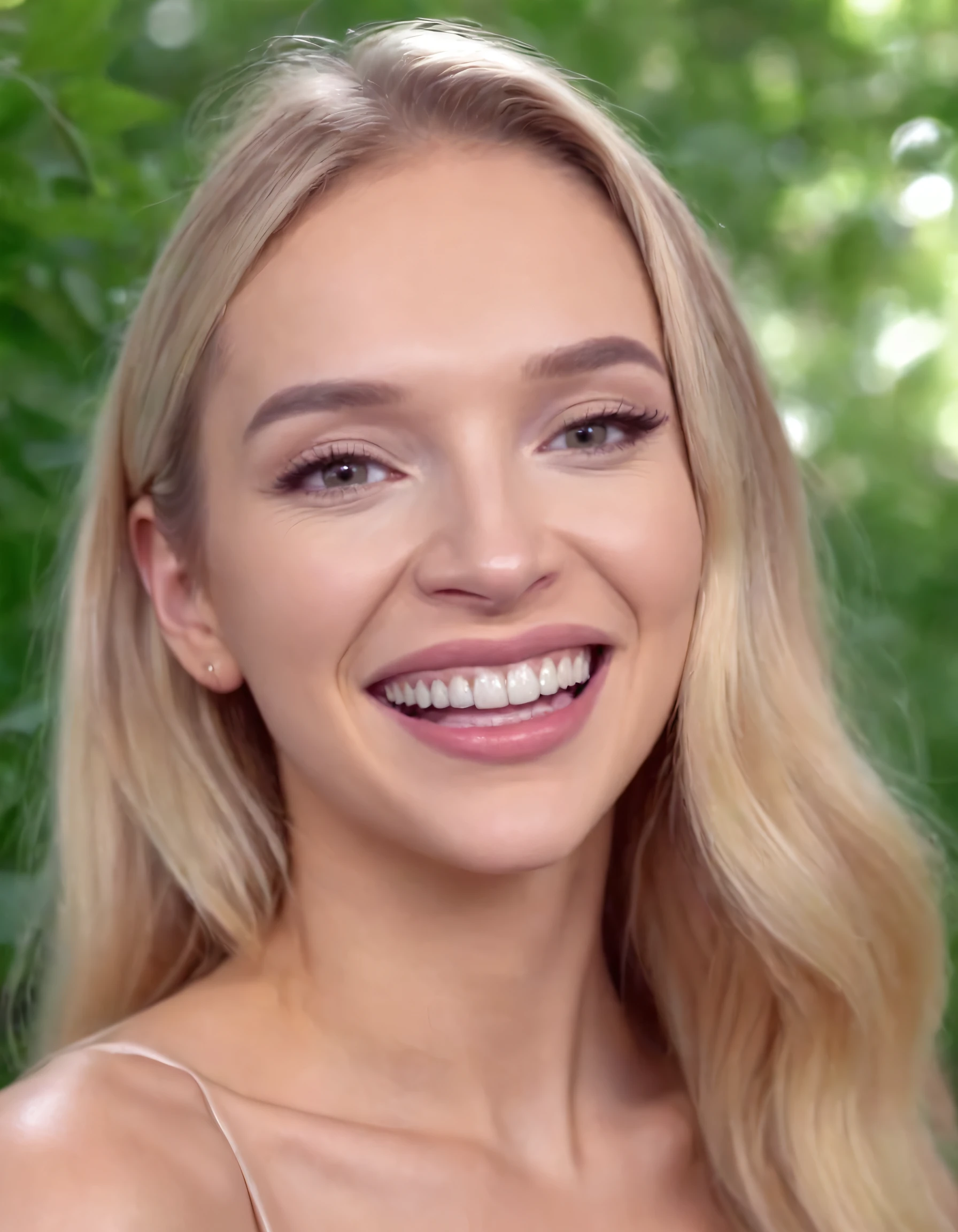 A radiantly blonde girl with her perfect teeth smiling wide outside, amid the lush greenery of nature, applied a light dusting of natural-hued makeup on her face, showcasing an effortless elegance in this harmonious blend of beauty and the outdoors. Bebahan <lora:phhpks18ebd8225a1l3e:1>